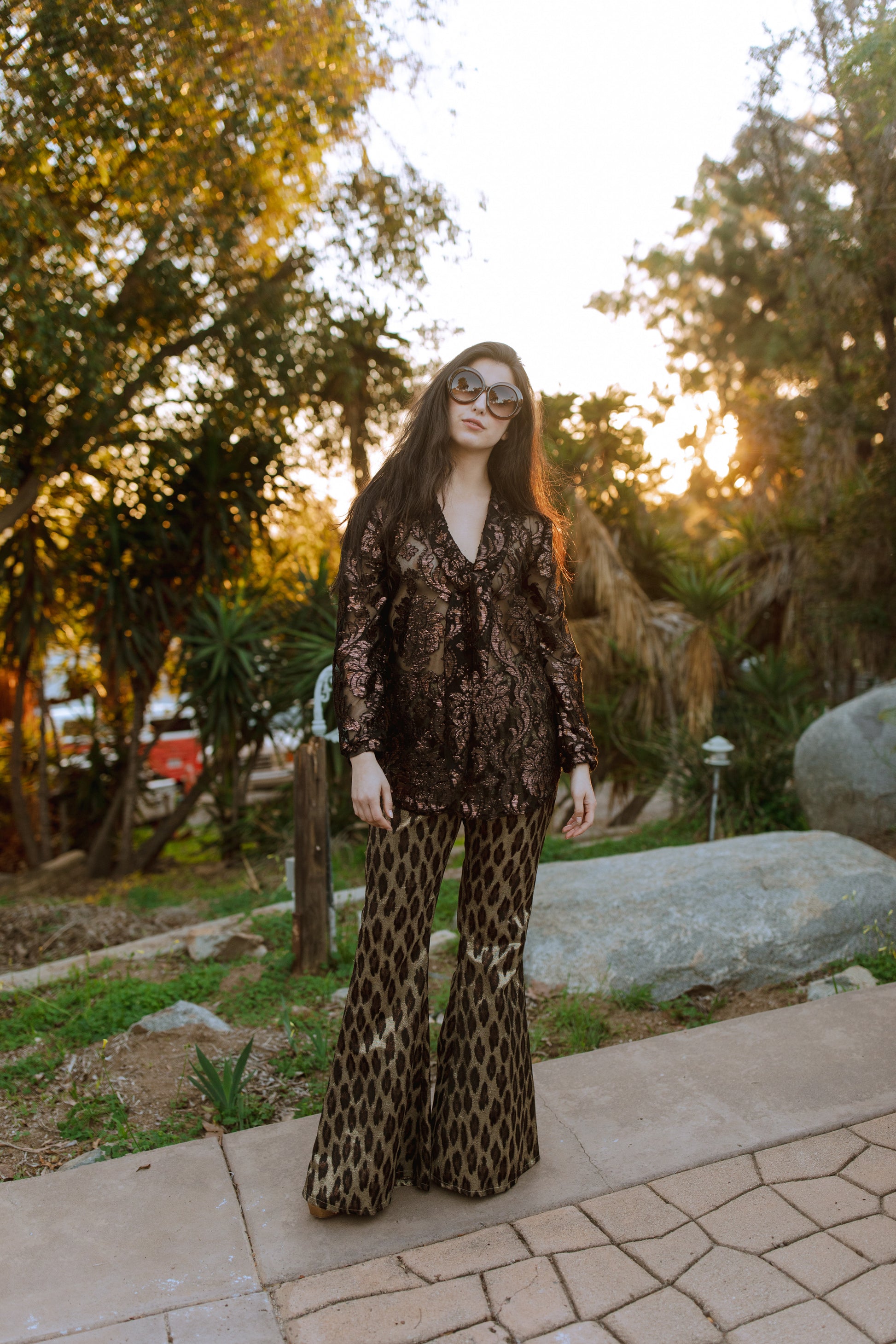 jennafer grace Leopard Shimmer Bellbottoms metallic gold with brown black leopard animal print flared palazzo bellbottom boho bohemian hippie romantic whimsical unisex handmade in California USA