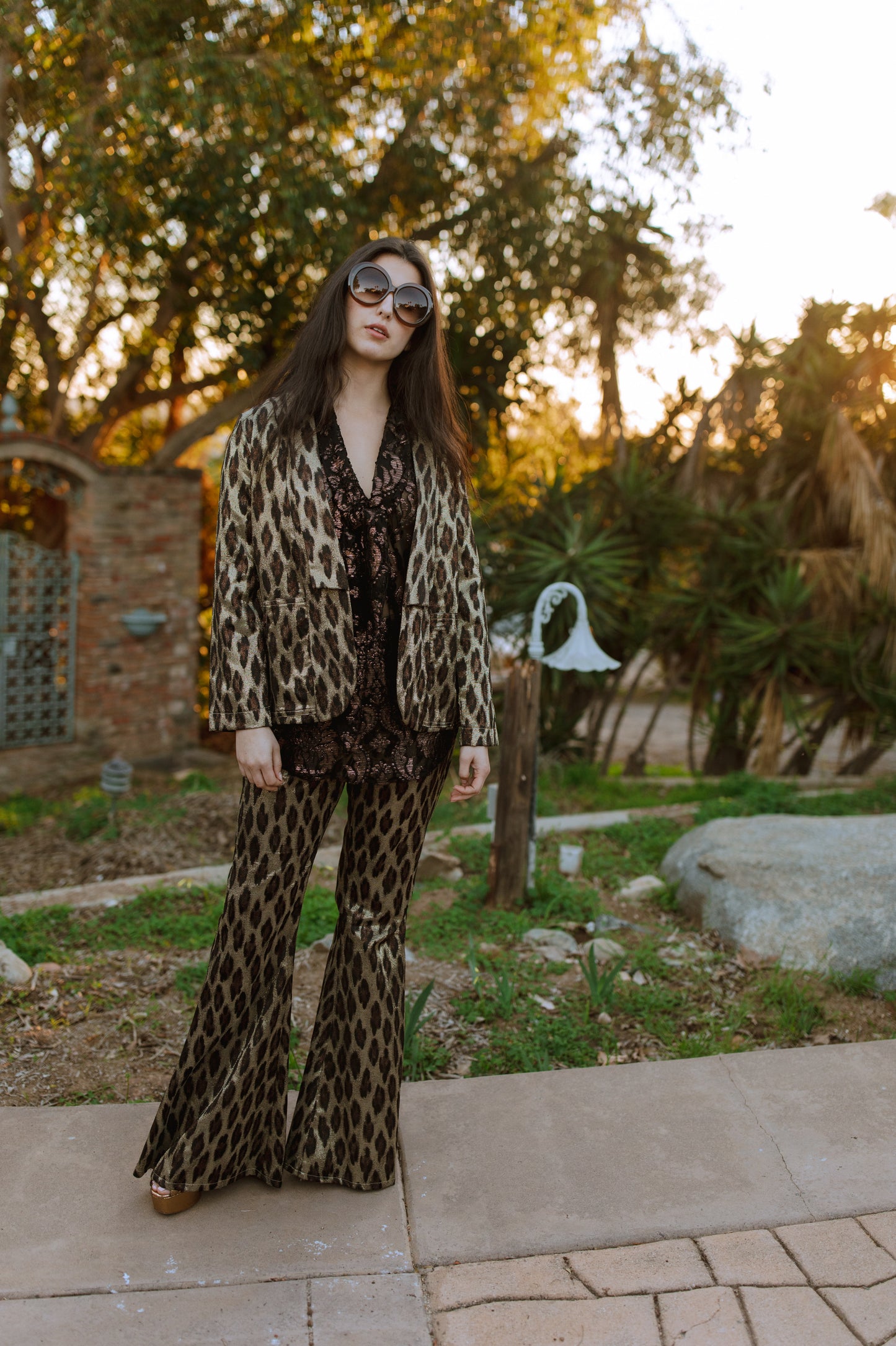 jennafer grace Leopard Shimmer Shawl Collar Blazer metallic gold with brown black leopard animal print boho bohemian hippie romantic whimsical unisex handmade in California USA