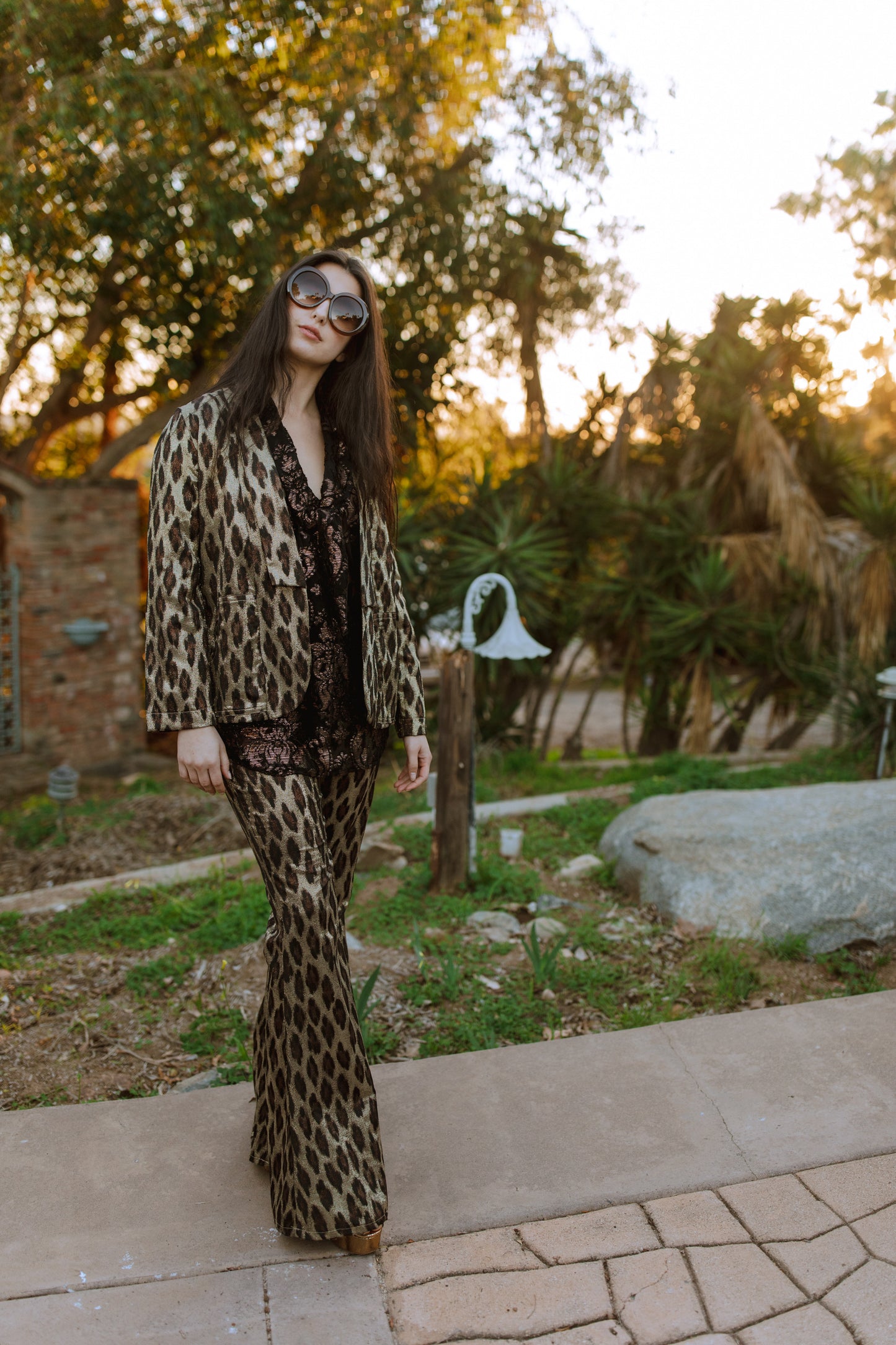 jennafer grace Leopard Shimmer Bellbottoms metallic gold with brown black leopard animal print flared palazzo bellbottom boho bohemian hippie romantic whimsical unisex handmade in California USA