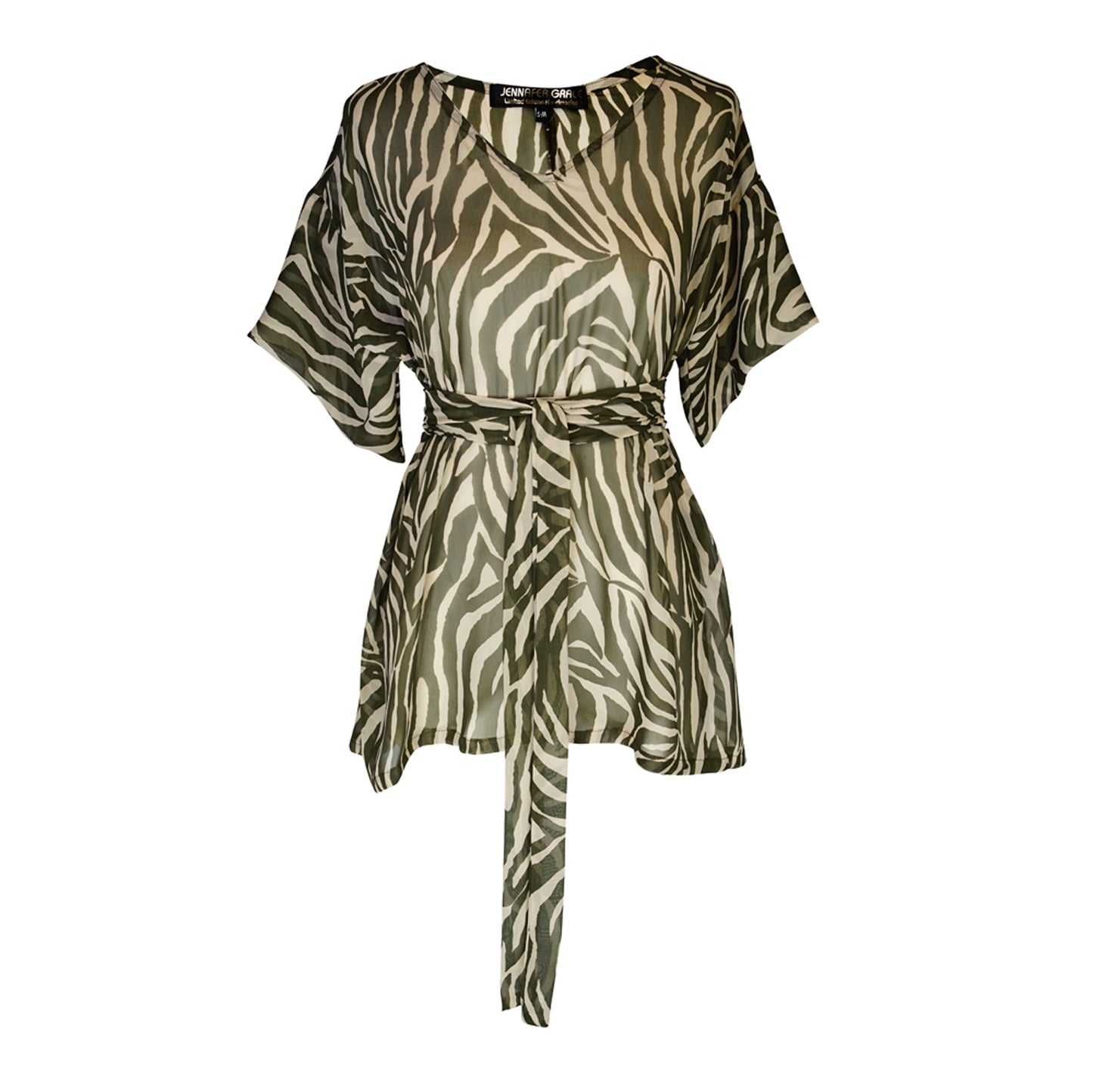 Tunic top with large flowy short sleeves and wide short v-neck. Featuring an olive green zebra print in semi-sheer chiffon with matching waist tie.