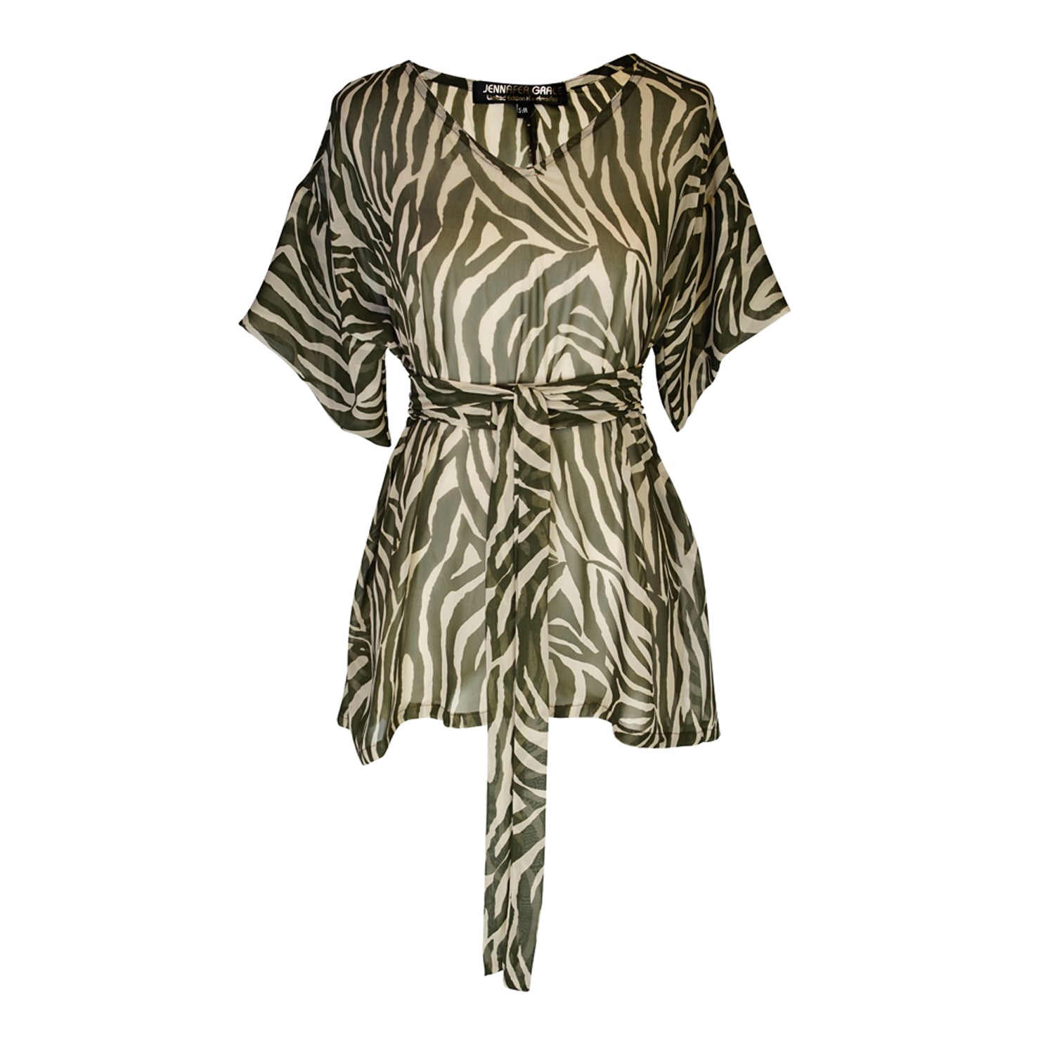 Tunic top with large flowy short sleeves and wide short v-neck. Featuring an olive green zebra print in semi-sheer chiffon with matching waist tie.
