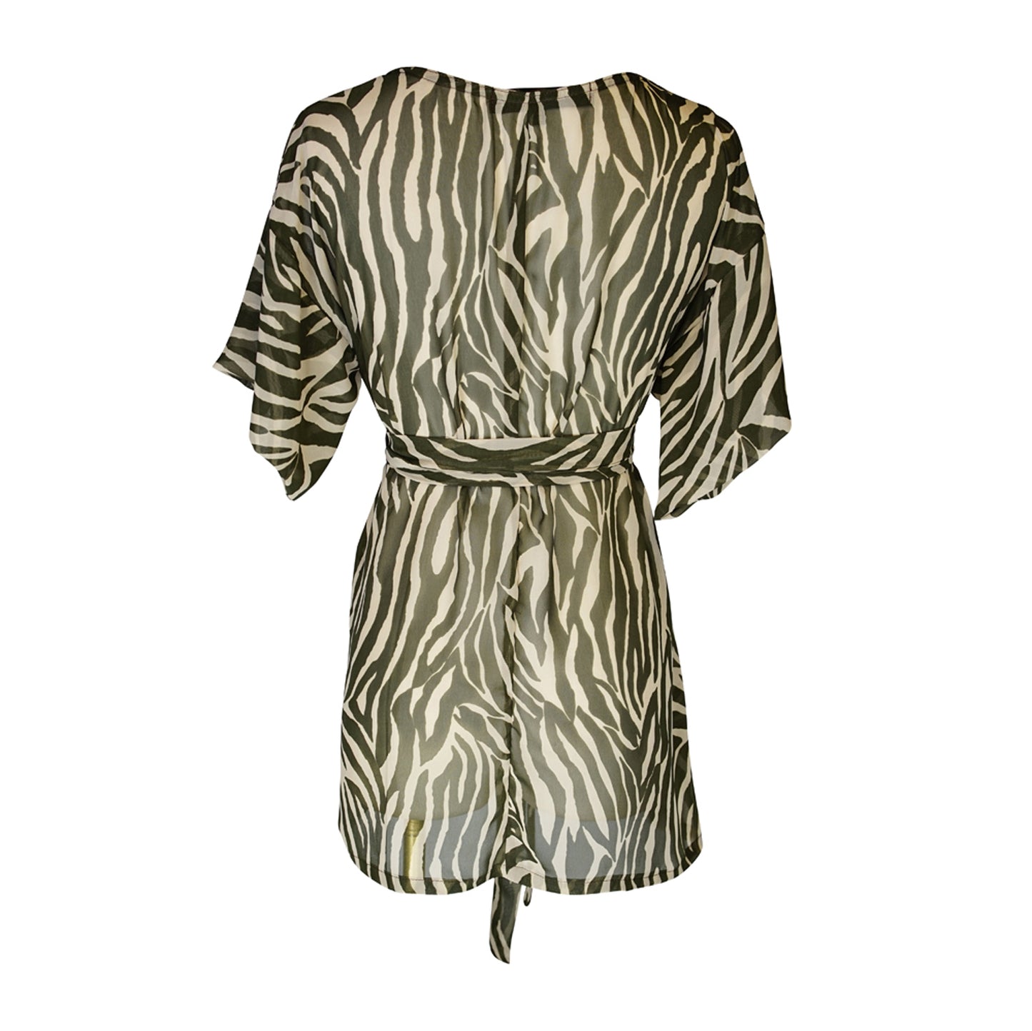 Tunic top with large flowy short sleeves and wide short v-neck. Featuring an olive green zebra print in semi-sheer chiffon with matching waist tie.
