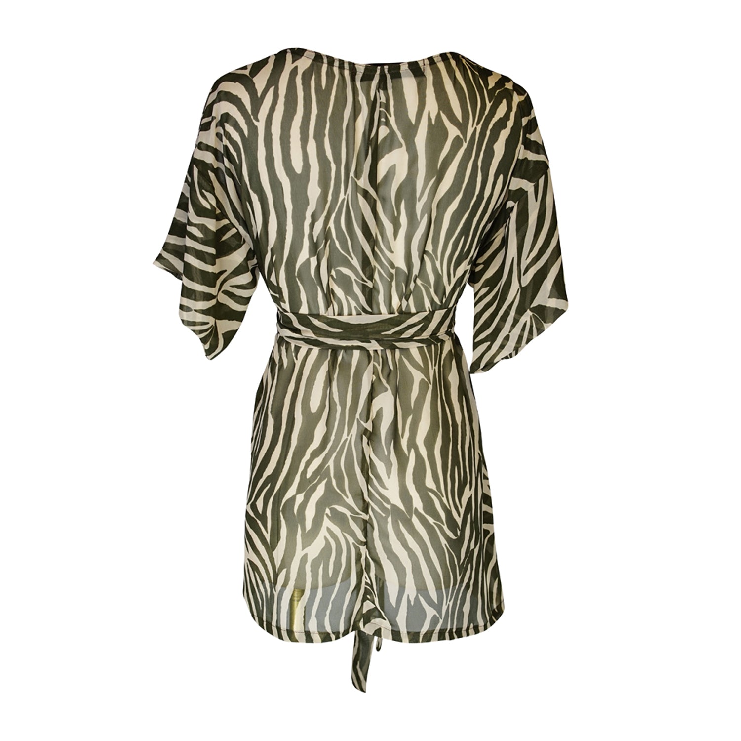 Tunic top with large flowy short sleeves and wide short v-neck. Featuring an olive green zebra print in semi-sheer chiffon with matching waist tie.