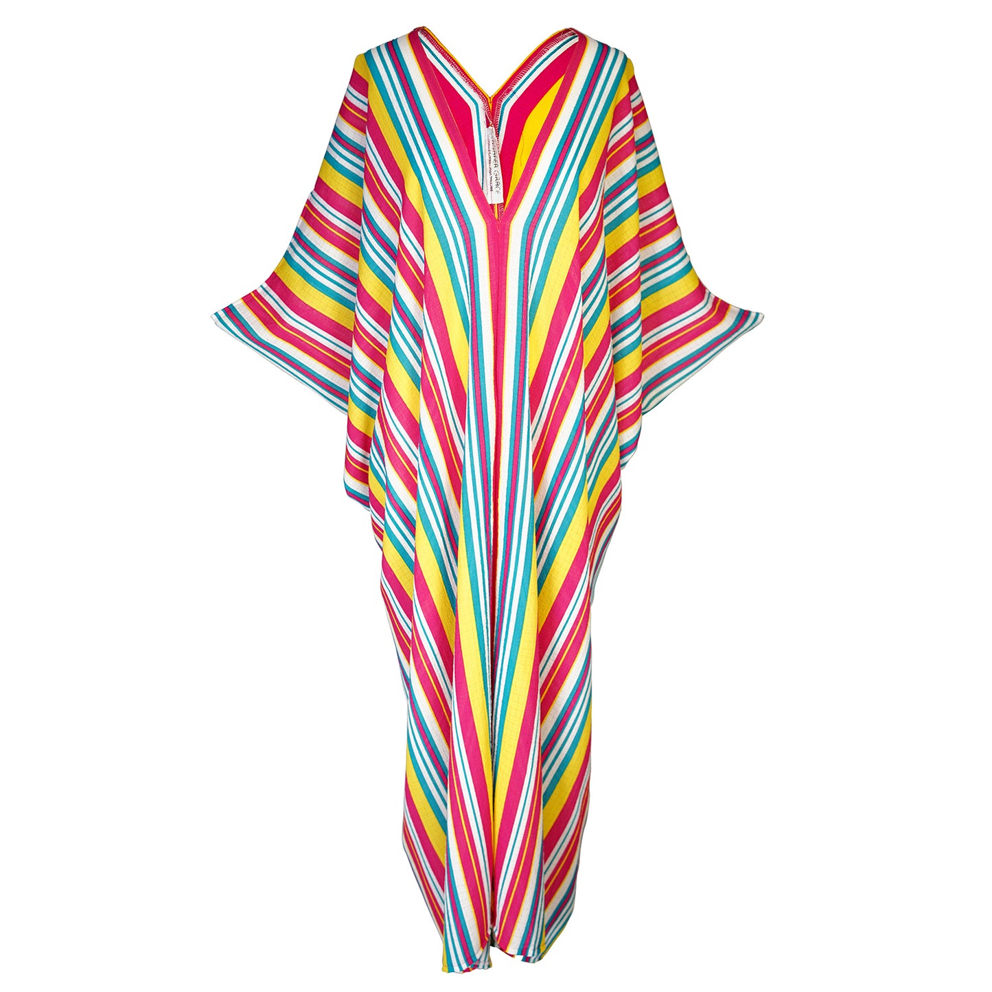 jennafer grace Lourdes Stripe caftan bright colorful multihued vertically striped kaftan red yellow blue white stripes mumu shift dress coverup casual boho bohemian hippie romantic whimsical beach resort spa lounge loungewear layering unisex lgbtq pride handmade in California USA