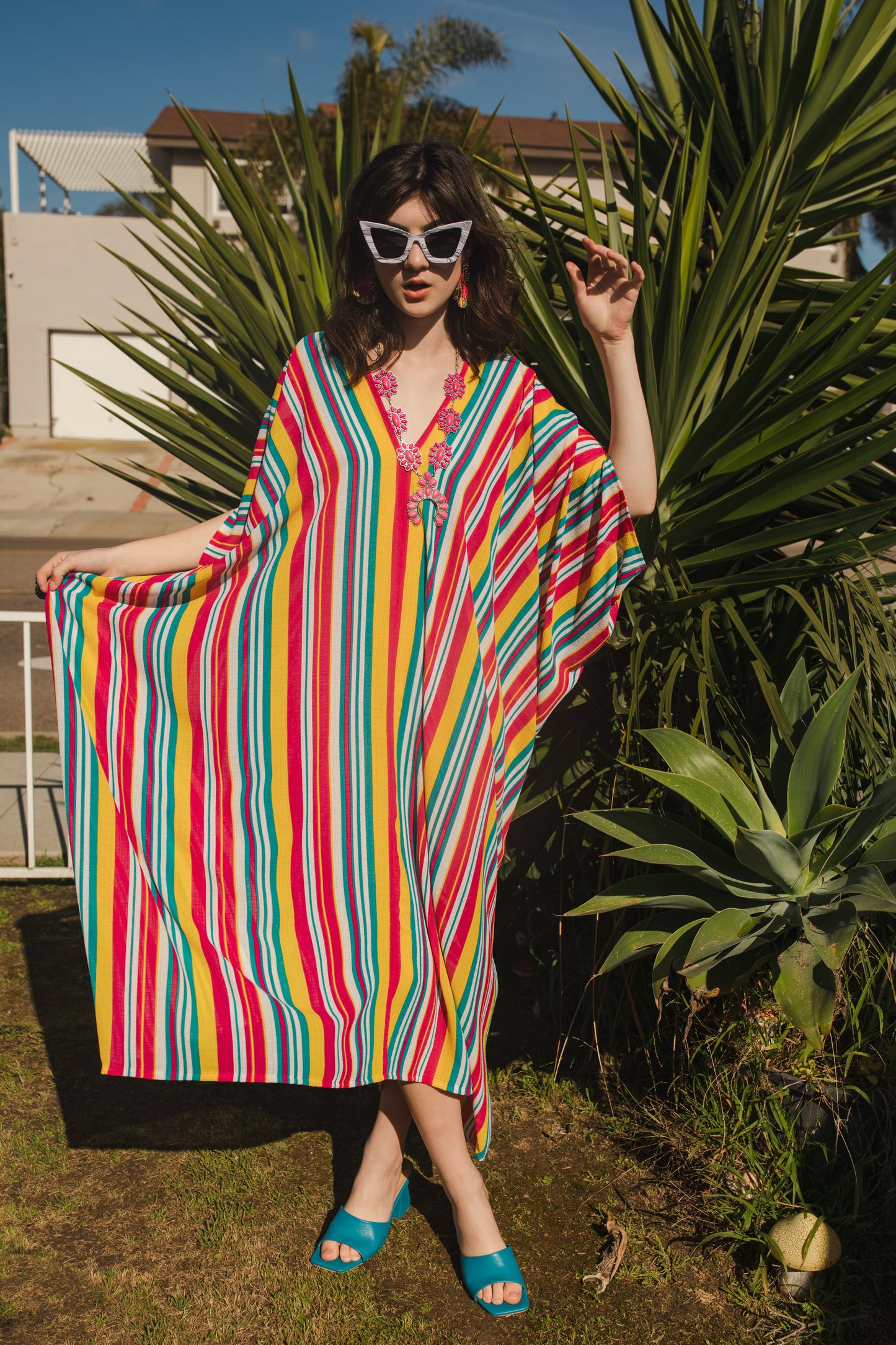 jennafer grace Lourdes Stripe caftan bright colorful multihued vertically striped kaftan red yellow blue white stripes mumu shift dress coverup casual boho bohemian hippie romantic whimsical beach resort spa lounge loungewear layering unisex lgbtq pride handmade in California USA