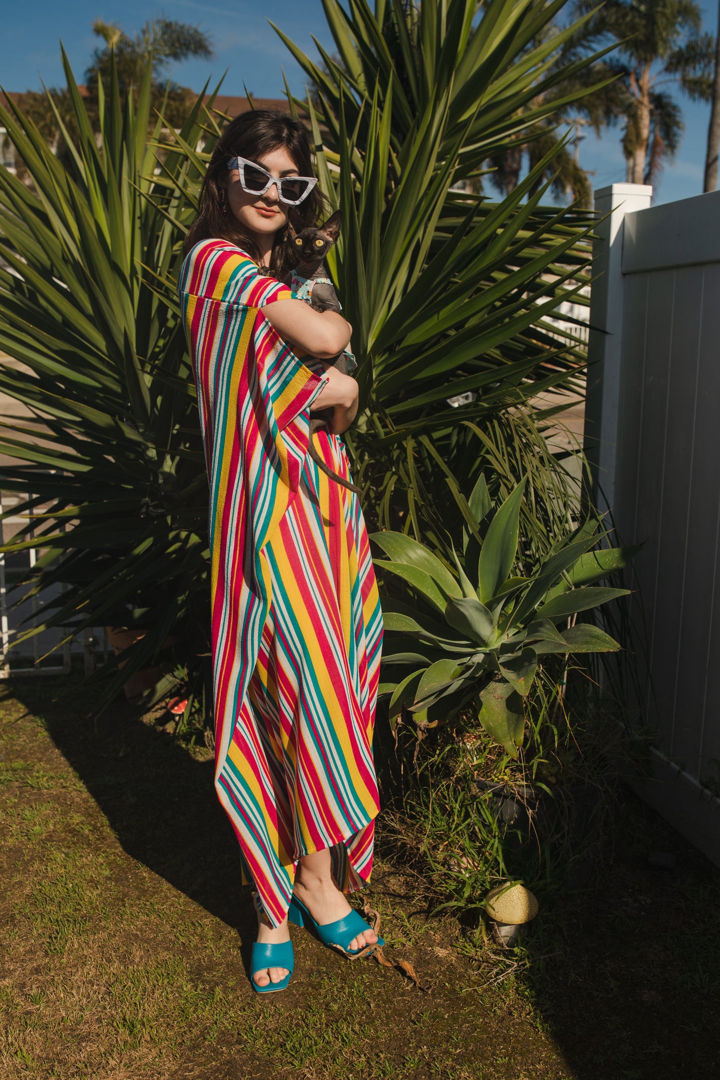 jennafer grace Lourdes Stripe caftan bright colorful multihued vertically striped kaftan red yellow blue white stripes mumu shift dress coverup casual boho bohemian hippie romantic whimsical beach resort spa lounge loungewear layering unisex lgbtq pride handmade in California USA