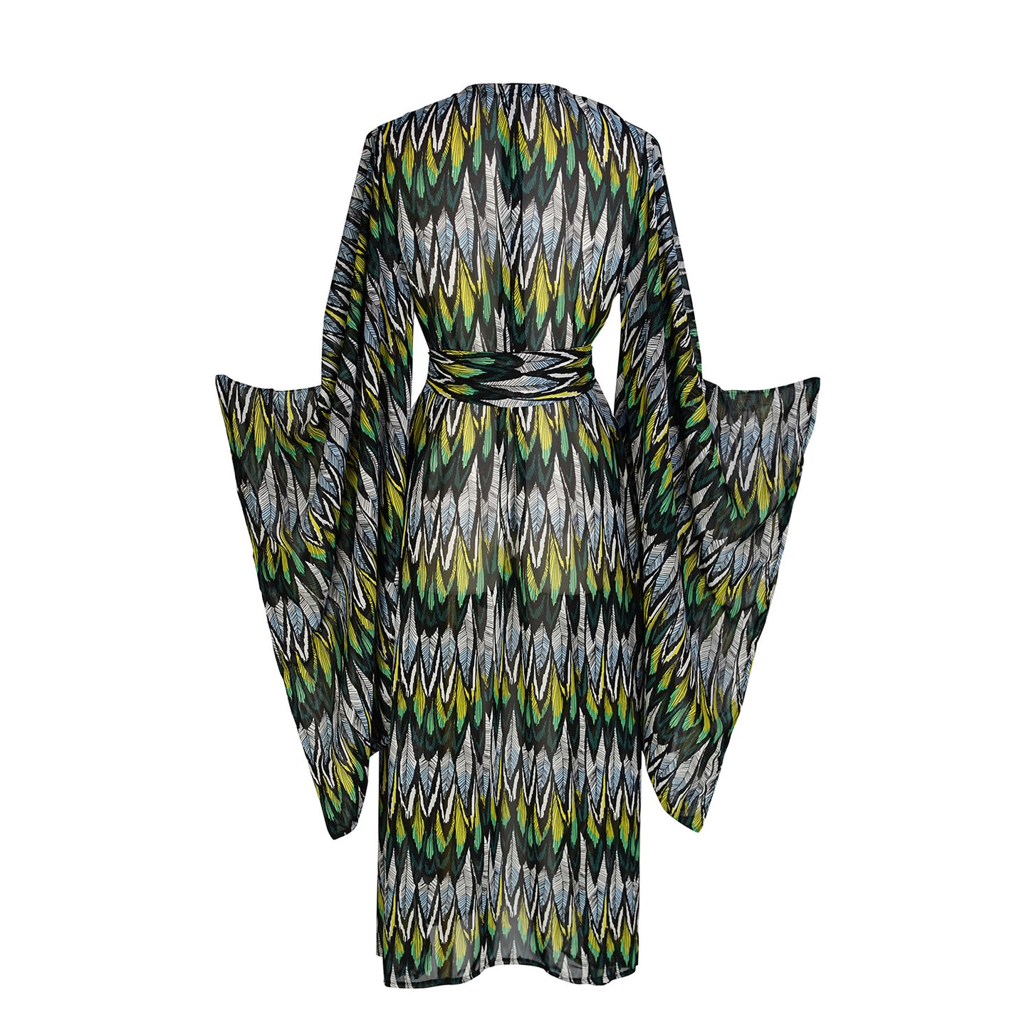 jennafer grace Macaw Verde Feather kimono semi-sheer chiffon with yellow-green and white and black feather print cover-up wrap dress with pockets duster jacket robe boho boho bohemian hippie whimsical romantic beach poolside resort cabana lounge wear unisex handmade in California USA