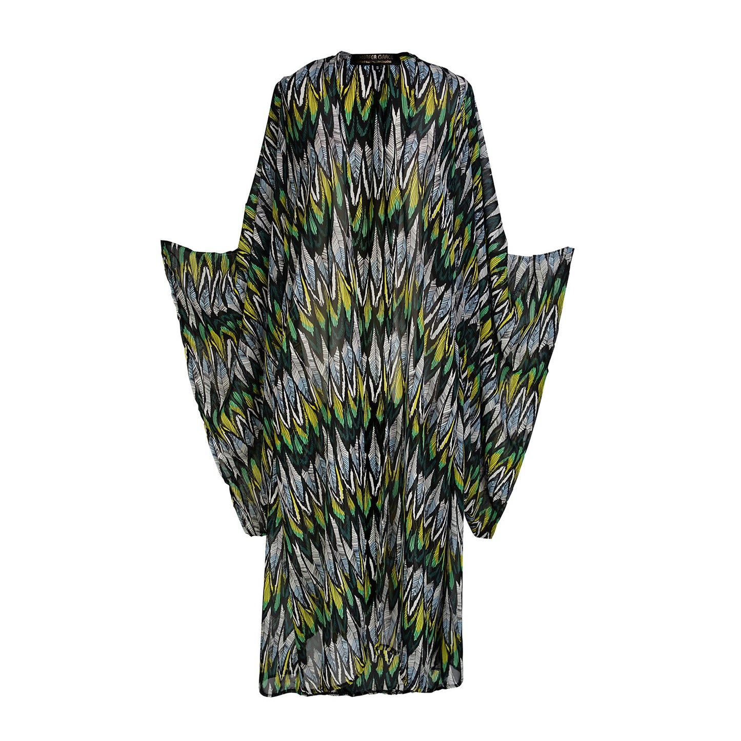 jennafer grace Macaw Verde Feather kimono semi-sheer chiffon with yellow-green and white and black feather print cover-up wrap dress with pockets duster jacket robe boho boho bohemian hippie whimsical romantic beach poolside resort cabana lounge wear unisex handmade in California USA