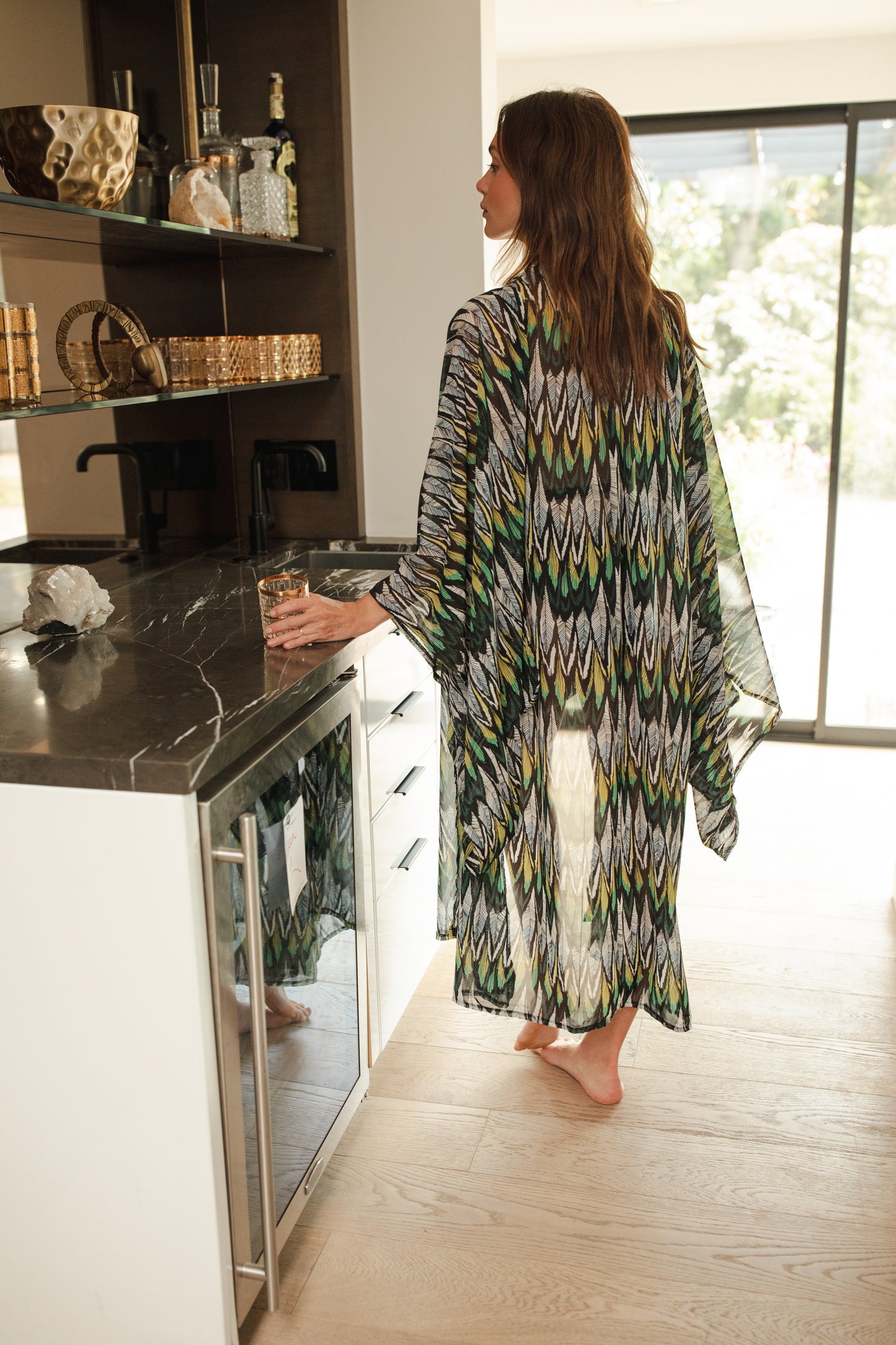 jennafer grace Macaw Verde Feather kimono semi-sheer chiffon with yellow-green and white and black feather print cover-up wrap dress with pockets duster jacket robe boho boho bohemian hippie whimsical romantic beach poolside resort cabana lounge wear unisex handmade in California USA