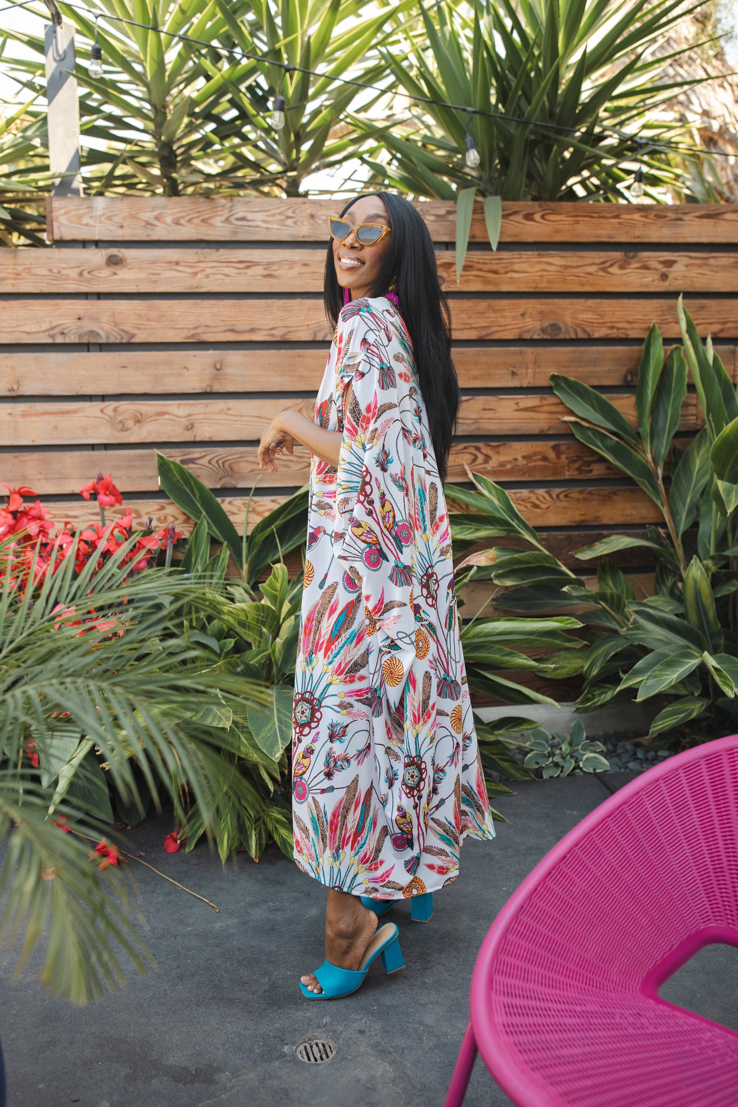 jennafer grace Macaw Magic caftan white with vibrant colorful avian parrot feather print kaftan mumu shift dress coverup casual boho bohemian hippie beach resort spa lounge loungewear layering unisex handmade in California USA