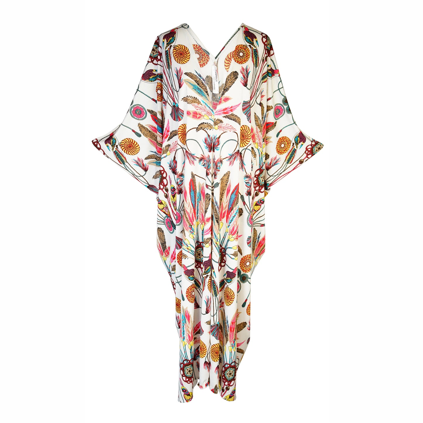 jennafer grace Macaw Magic caftan white with vibrant colorful avian parrot feather print kaftan mumu shift dress coverup casual boho bohemian hippie beach resort spa lounge loungewear layering unisex handmade in California USA