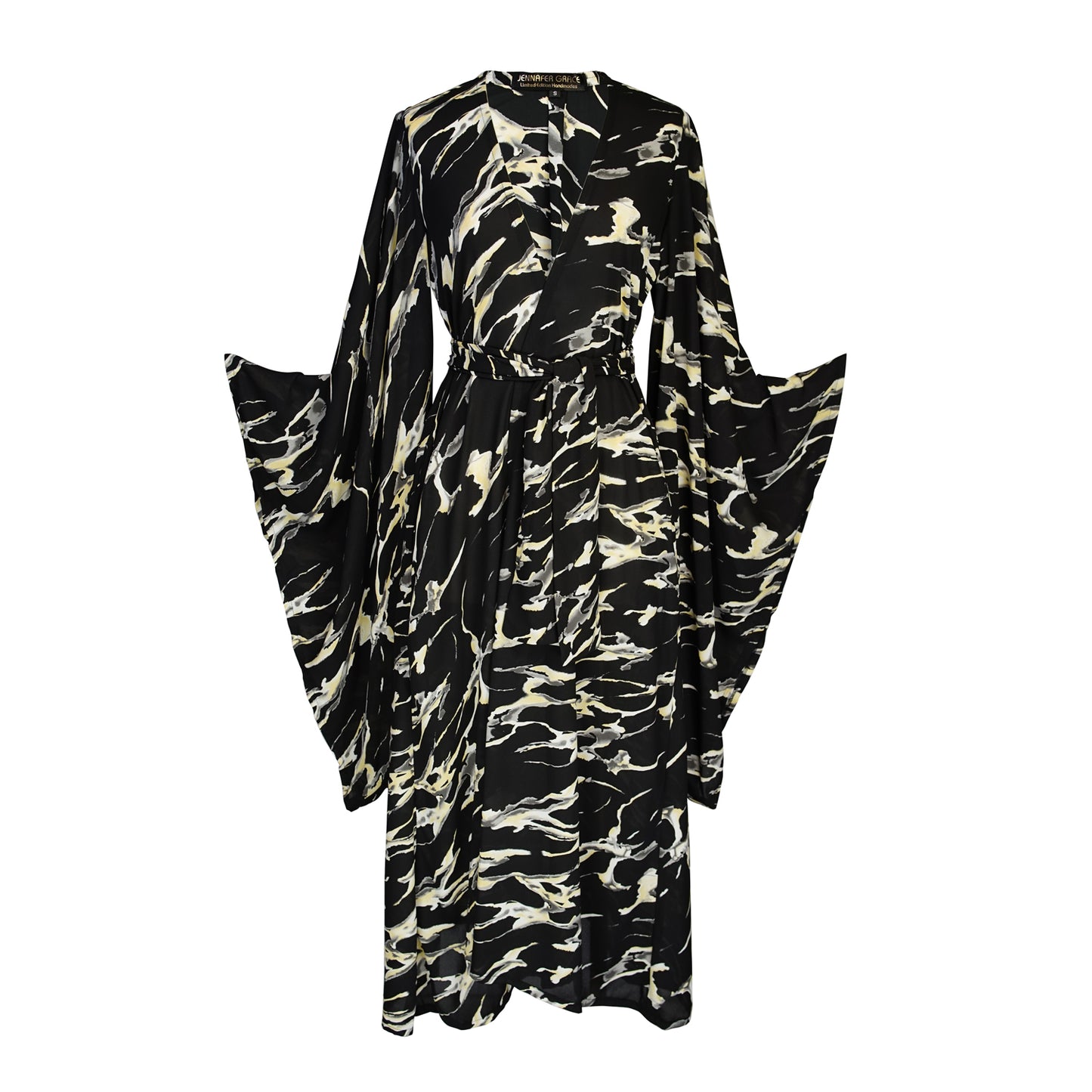 jennafer grace Makrana kimono opaque black white gray yellow abstract marble print cover-up wrap dress with pockets duster jacket robe boho boho bohemian hippie whimsical romantic beach poolside resort cabana lounge wear unisex handmade in California USA