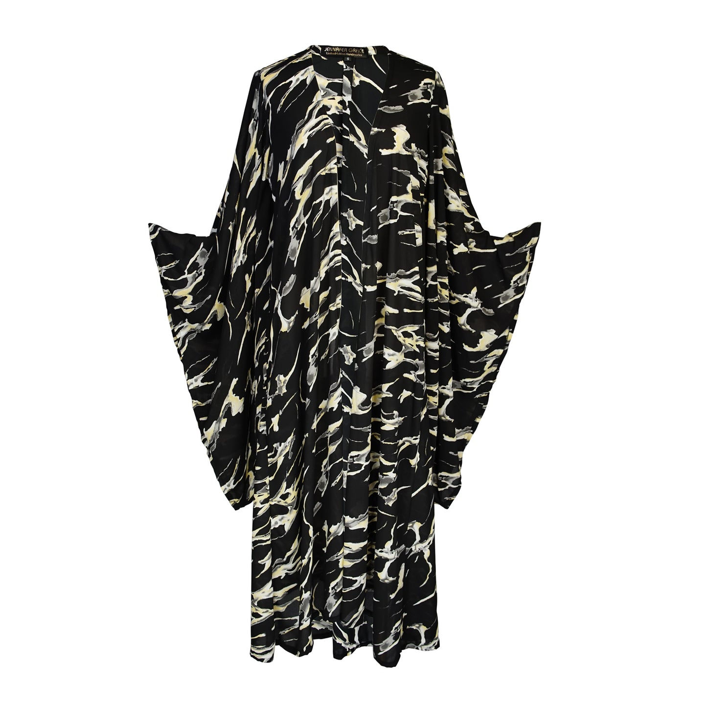 jennafer grace Makrana kimono opaque black white gray yellow abstract marble print cover-up wrap dress with pockets duster jacket robe boho boho bohemian hippie whimsical romantic beach poolside resort cabana lounge wear unisex handmade in California USA