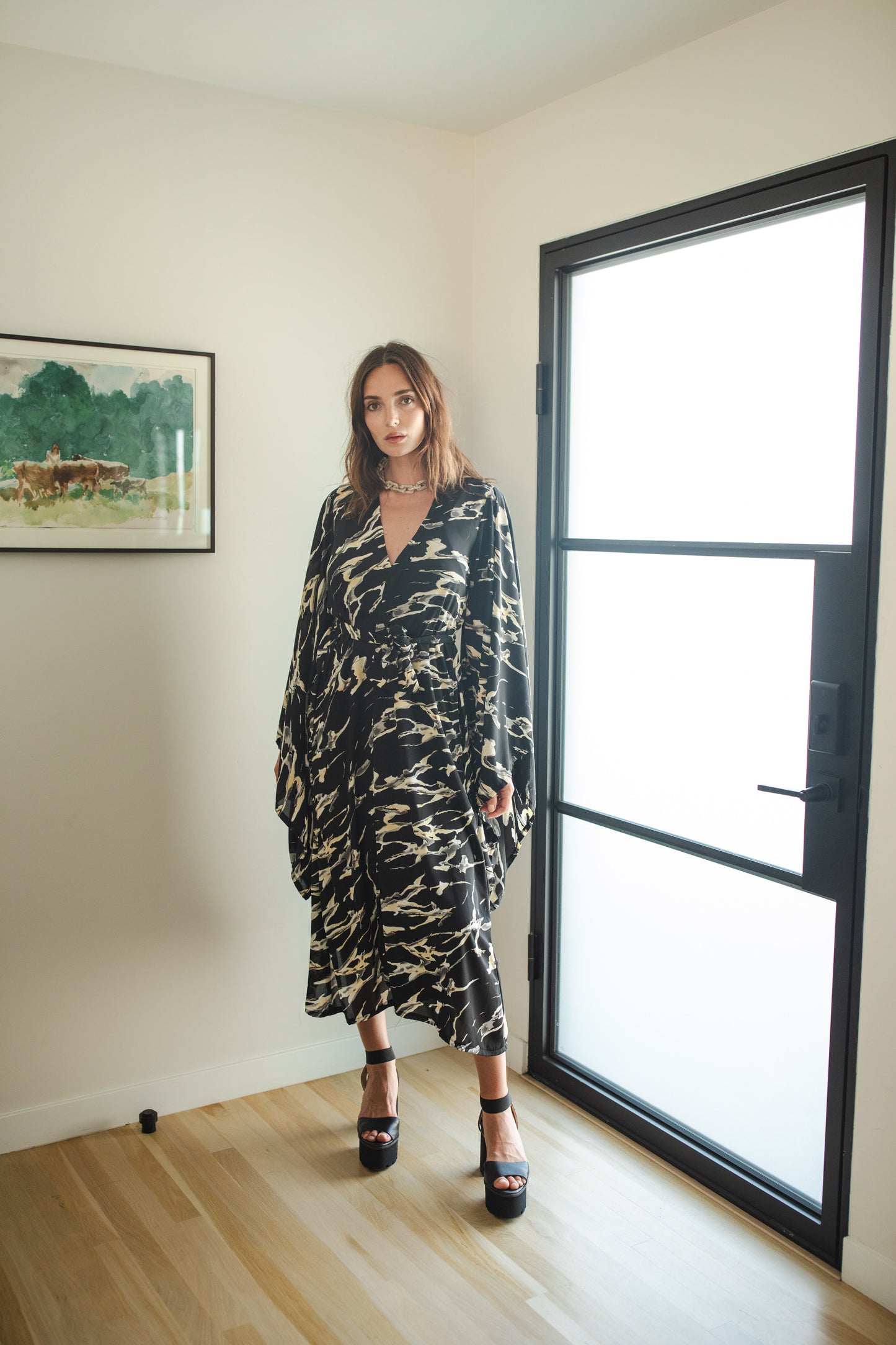 jennafer grace Makrana kimono opaque black white gray yellow abstract marble print cover-up wrap dress with pockets duster jacket robe boho boho bohemian hippie whimsical romantic beach poolside resort cabana lounge wear unisex handmade in California USA