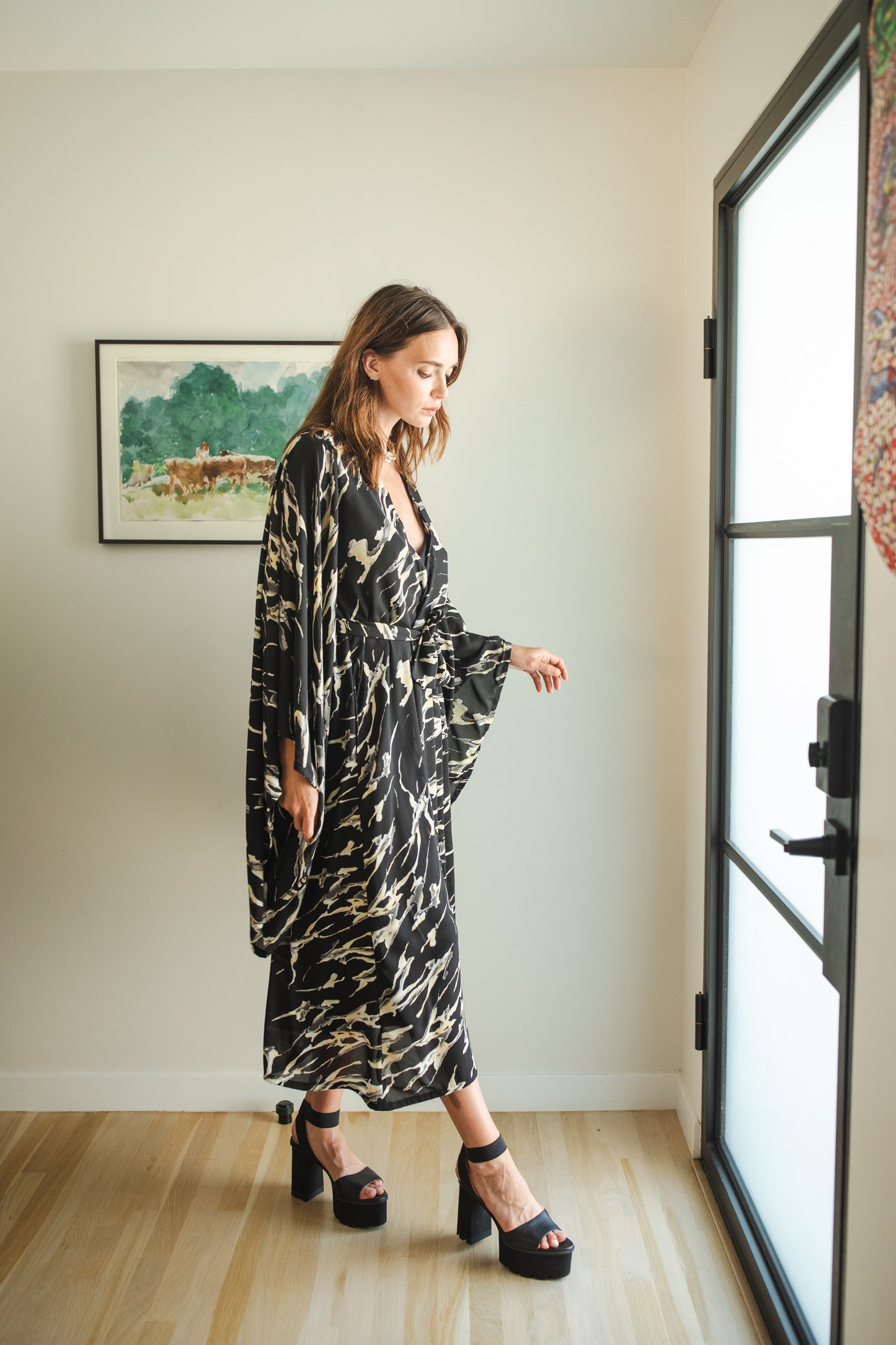 jennafer grace Makrana kimono opaque black white gray yellow abstract marble print cover-up wrap dress with pockets duster jacket robe boho boho bohemian hippie whimsical romantic beach poolside resort cabana lounge wear unisex handmade in California USA