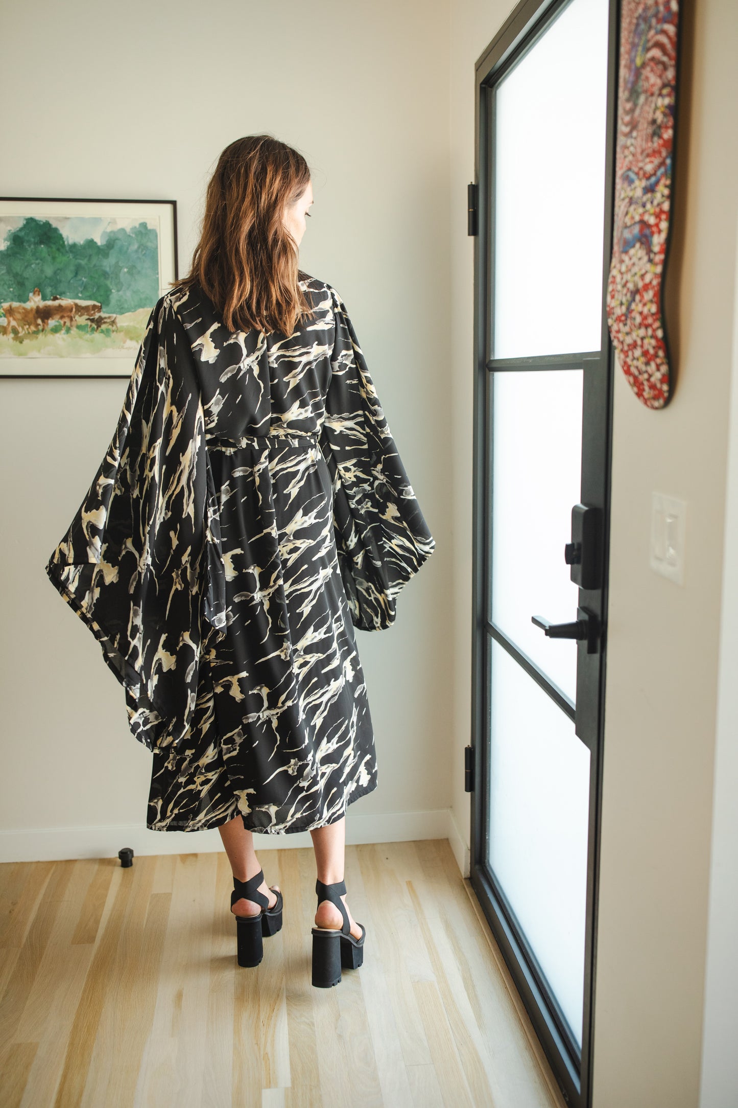 jennafer grace Makrana kimono opaque black white gray yellow abstract marble print cover-up wrap dress with pockets duster jacket robe boho boho bohemian hippie whimsical romantic beach poolside resort cabana lounge wear unisex handmade in California USA