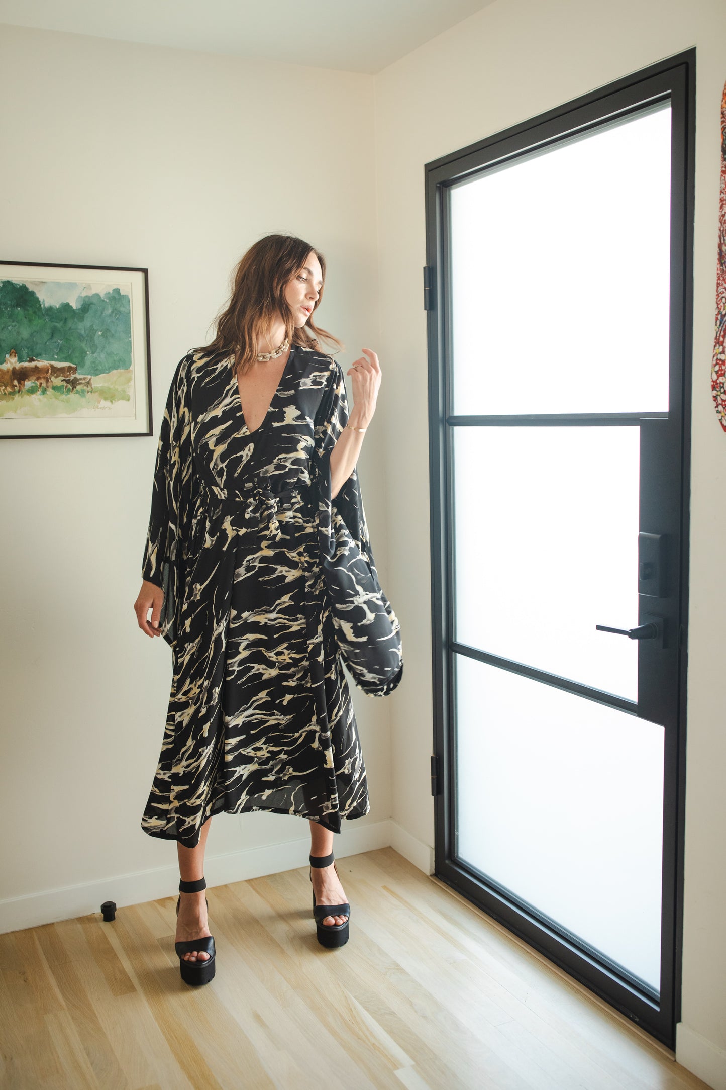 jennafer grace Makrana kimono opaque black white gray yellow abstract marble print cover-up wrap dress with pockets duster jacket robe boho boho bohemian hippie whimsical romantic beach poolside resort cabana lounge wear unisex handmade in California USA