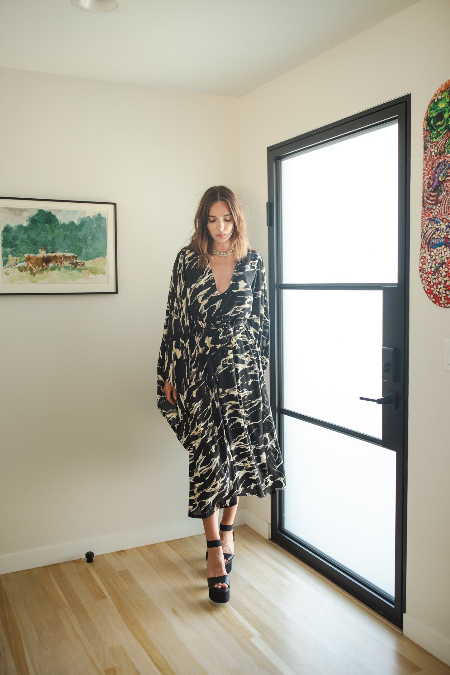 jennafer grace Makrana kimono opaque black white gray yellow abstract marble print cover-up wrap dress with pockets duster jacket robe boho boho bohemian hippie whimsical romantic beach poolside resort cabana lounge wear unisex handmade in California USA