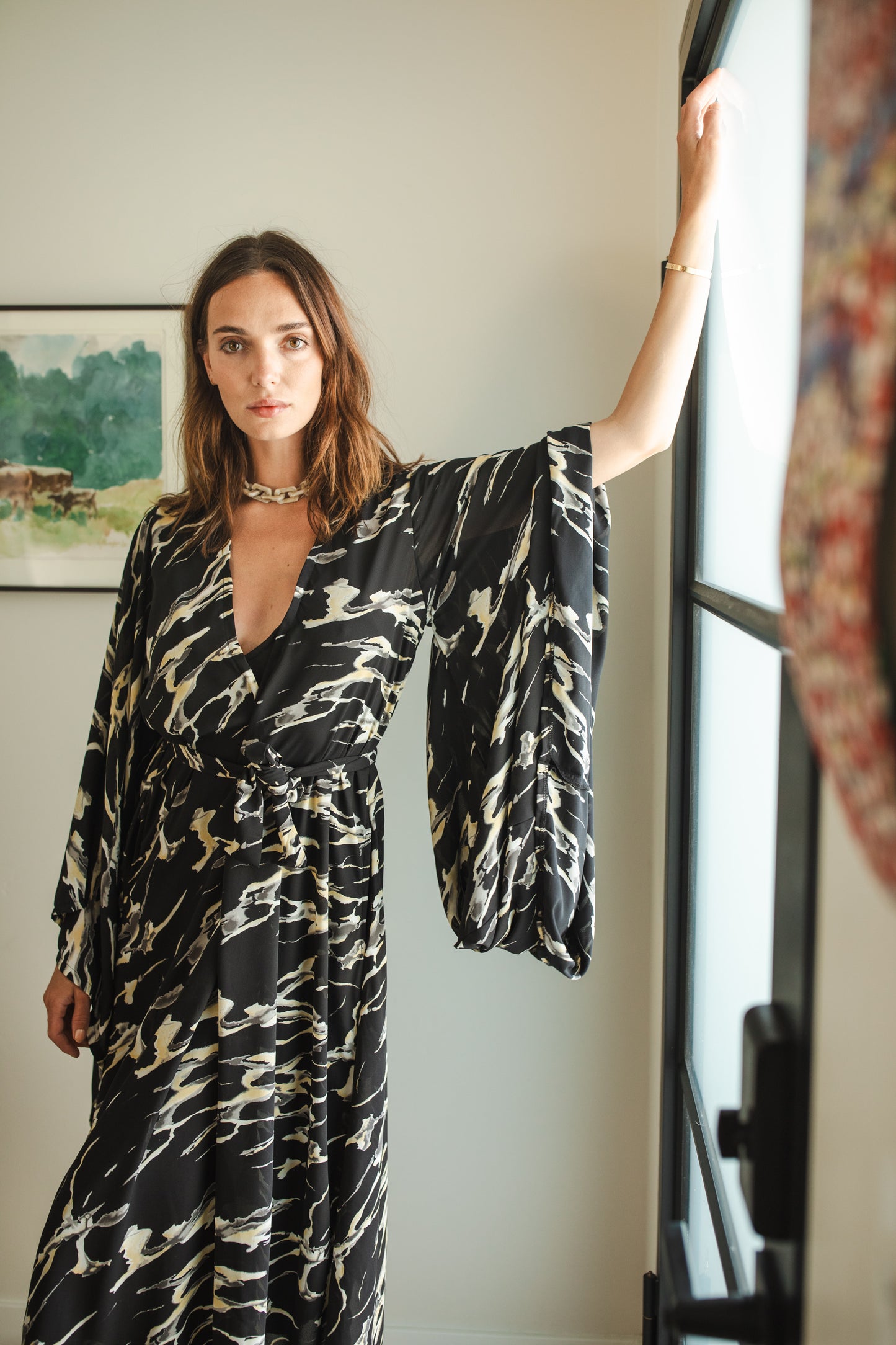 jennafer grace Makrana kimono opaque black white gray yellow abstract marble print cover-up wrap dress with pockets duster jacket robe boho boho bohemian hippie whimsical romantic beach poolside resort cabana lounge wear unisex handmade in California USA