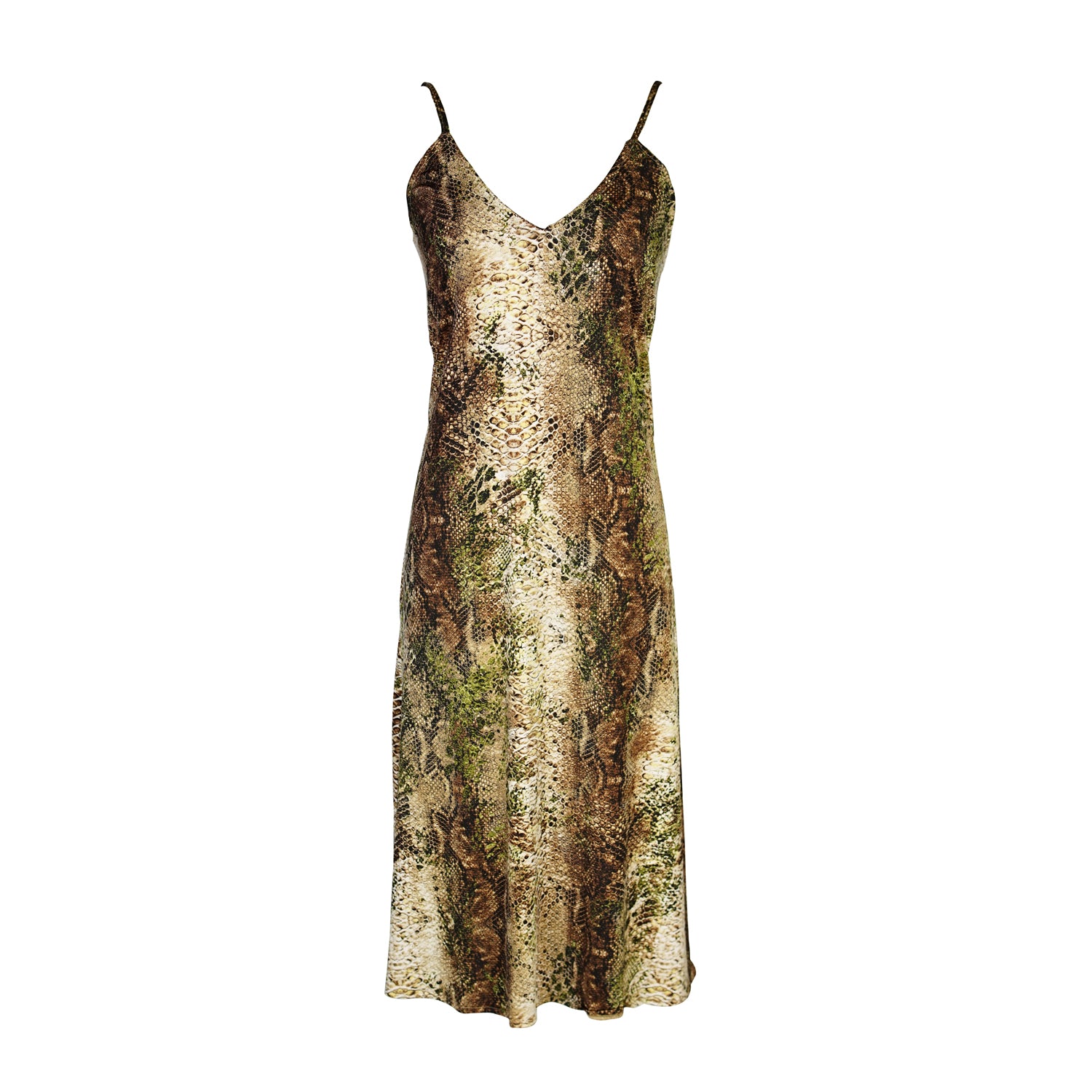Midi slip dress with a soft beige base color, adorned with snakeskin pattern featuring shades of green and brown. It features slender straps with a straight silhouette and relaxed fix, allowing for a beautiful drape and flowy movement. It's designed for a light, airy feel, suitable for warm weather or layered for cooler days.