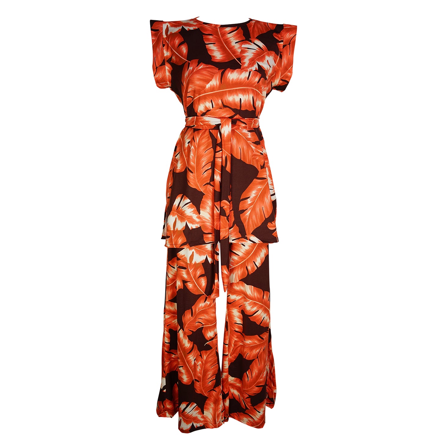 jennafer grace Mazatlán tunic palazzo pant matching set large orange leaf print on brown coord co-ord boho bohemian hippie romantic whimsical lounge loungewear resort nautical cabana beach unisex handmade in california usa