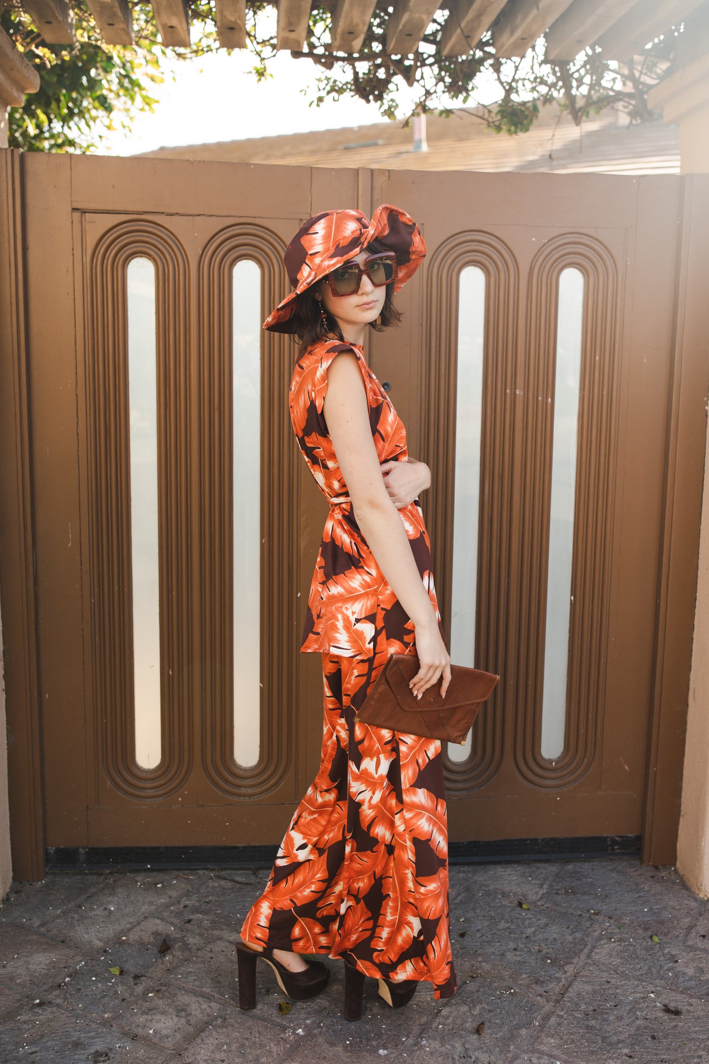 jennafer grace Mazatlán tunic palazzo pant matching set large orange leaf print on brown coord co-ord boho bohemian hippie romantic whimsical lounge loungewear resort nautical cabana beach unisex handmade in california usa