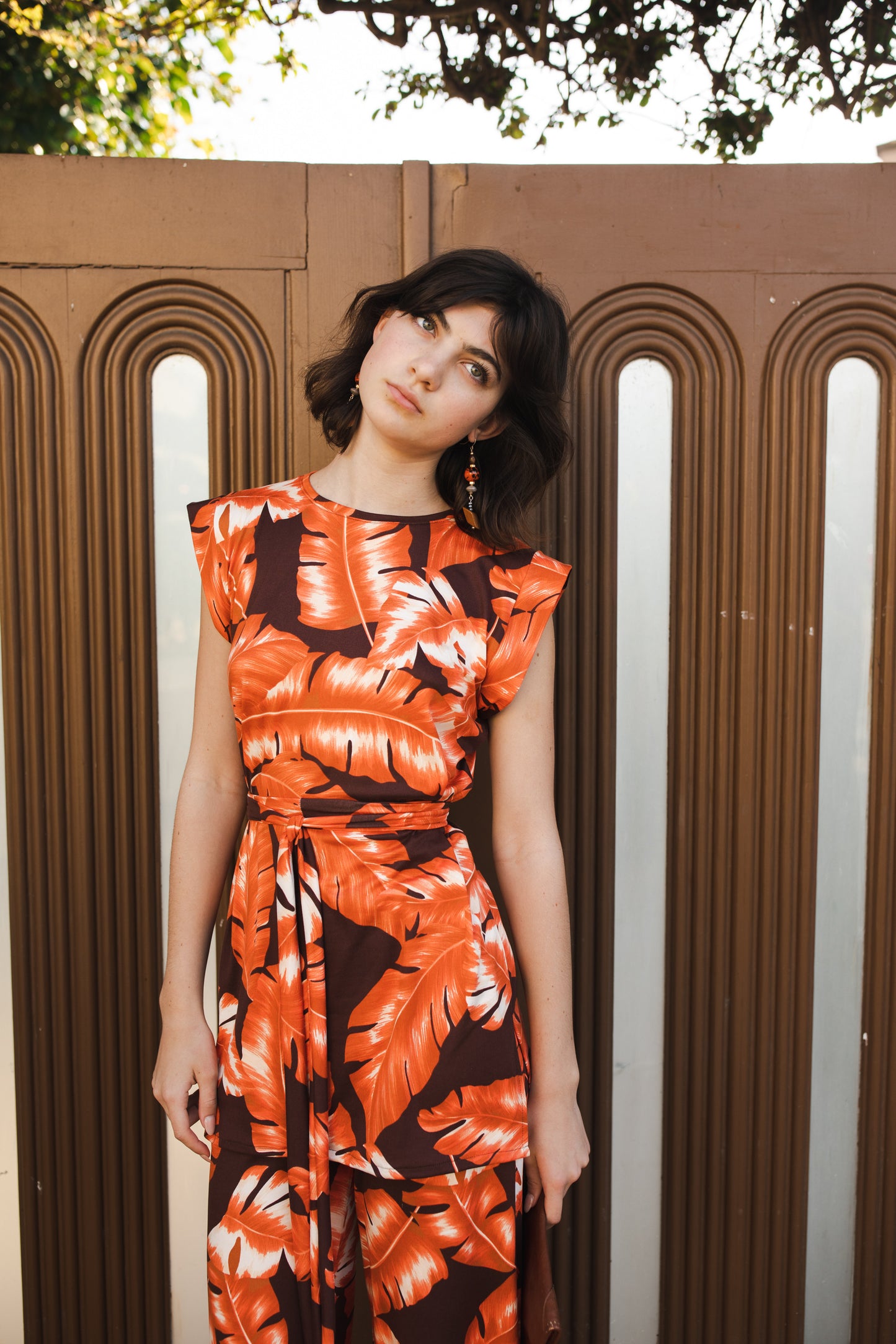 jennafer grace Mazatlán tunic palazzo pant matching set large orange leaf print on brown coord co-ord boho bohemian hippie romantic whimsical lounge loungewear resort nautical cabana beach unisex handmade in california usa