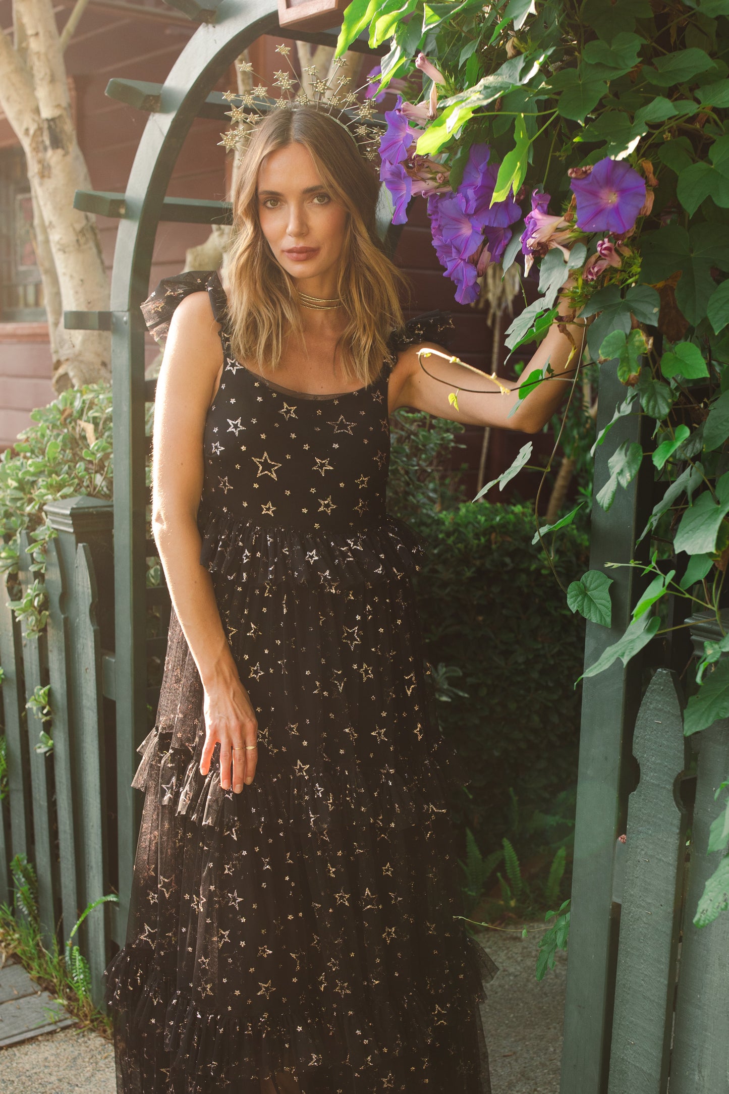 jennafer grace Midnight Sky Tulle Maxi Dress black semi-sheer lined layered tulle maxi dress with metallic gold foil star print ruffle straps starry gothic boho bohemian hippie dark romantic whimsical evening gown cocktail party statement piece handmade in California USA