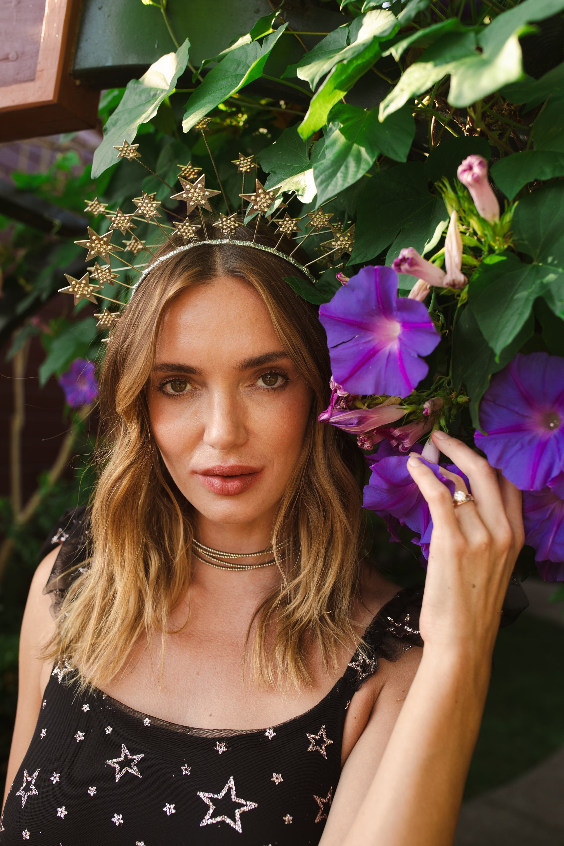 jennafer grace Midnight Sky Tulle Maxi Dress black semi-sheer lined layered tulle maxi dress with metallic gold foil star print ruffle straps starry gothic boho bohemian hippie dark romantic whimsical evening gown cocktail party statement piece handmade in California USA