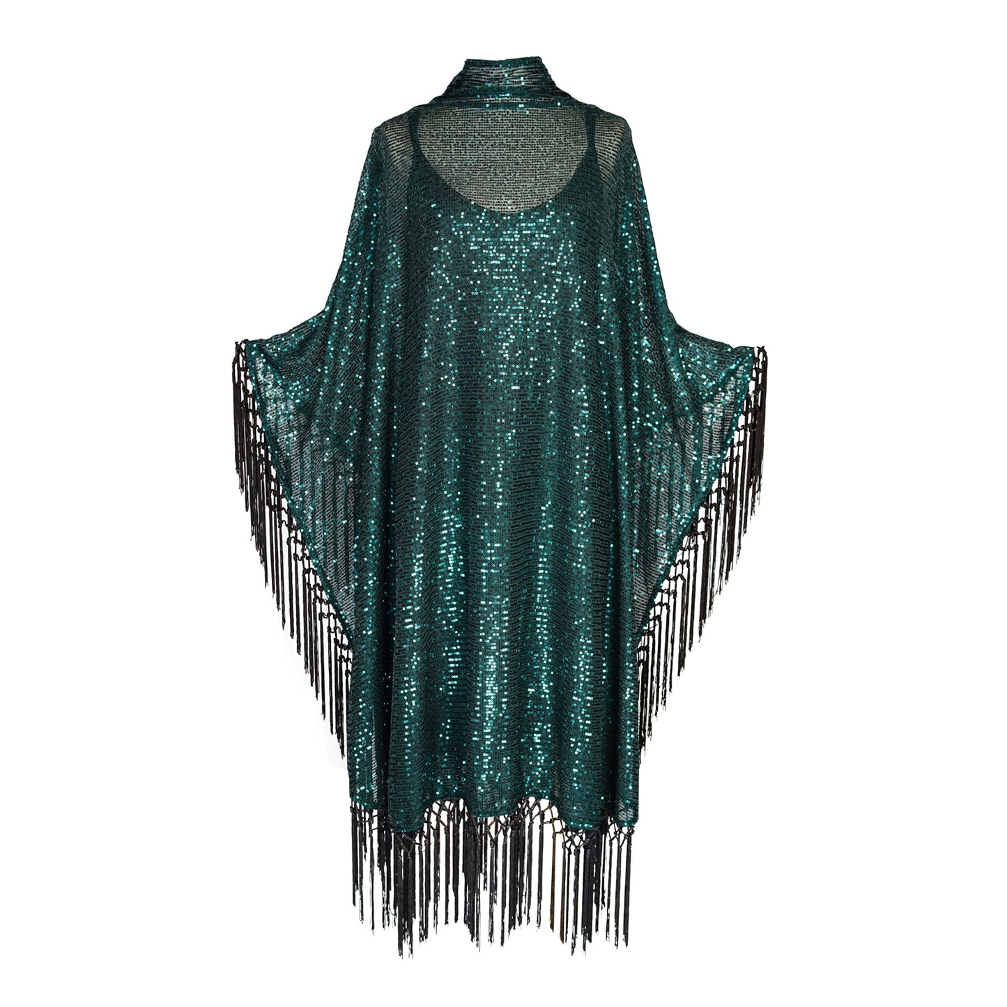 This caftan is a dazzling, full-length garment featuring a shimmering jade green sequin overlay on a mesh fabric. The sequins catch the light, creating a sparkling effect throughout. It has a mock neck collar with a straight, loose fit that drapes elegantly over the body. The edges of the caftan, including the hem and the sides, are embellished with long, silk black fringe that add movement and a playful flair.