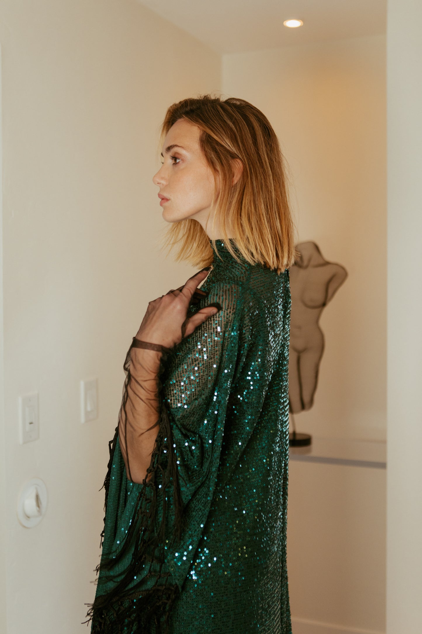 This caftan is a dazzling, full-length garment featuring a shimmering jade green sequin overlay on a mesh fabric. The sequins catch the light, creating a sparkling effect throughout. It has a mock neck collar with a straight, loose fit that drapes elegantly over the body. The edges of the caftan, including the hem and the sides, are embellished with long, silk black fringe that add movement and a playful flair.