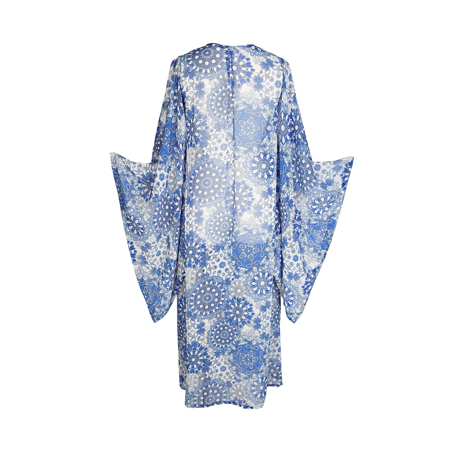 jennafer grace Mystic Mandala kimono cobalt blue and white snowflake mandala scarf print semi-sheer coverup wrap dress with pockets duster jacket robe boho bohemian hippie whimsical romantic beach poolside resort cabana lounge wear unisex handmade in California USA