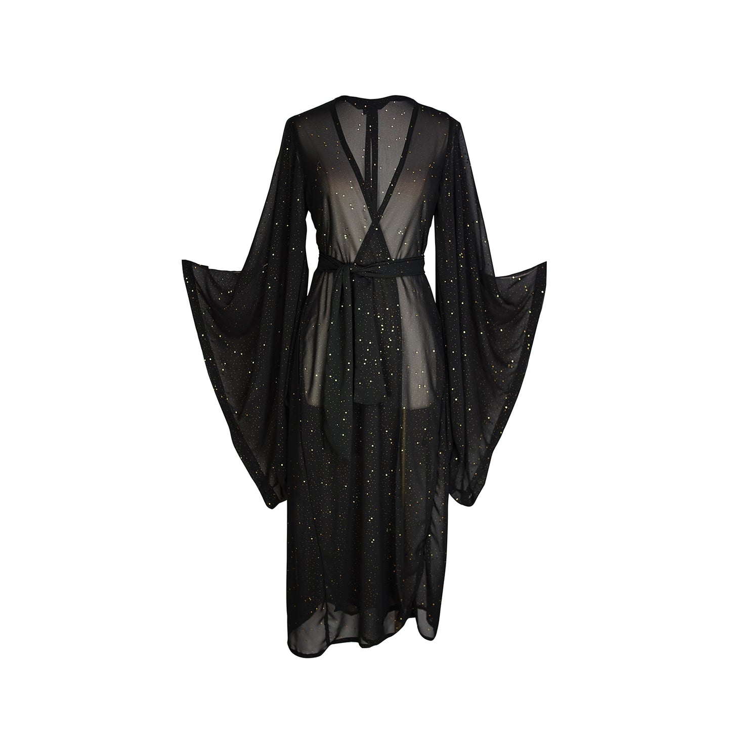 jennafer grace Nebula kimono semi-sheer black chiffon with night sky inspired rhinestones coverup wrap dress with pockets duster jacket robe dark boho boho gothic bohemian hippie whimsical romantic beach poolside resort cabana lounge wear unisex handmade in California USA