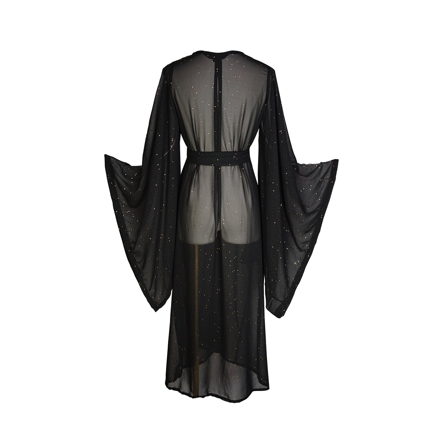 jennafer grace Nebula kimono semi-sheer black chiffon with night sky inspired rhinestones coverup wrap dress with pockets duster jacket robe dark boho boho gothic bohemian hippie whimsical romantic beach poolside resort cabana lounge wear unisex handmade in California USA