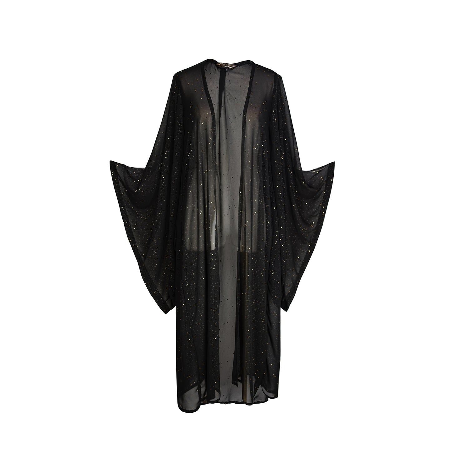 jennafer grace Nebula kimono semi-sheer black chiffon with night sky inspired rhinestones coverup wrap dress with pockets duster jacket robe dark boho boho gothic bohemian hippie whimsical romantic beach poolside resort cabana lounge wear unisex handmade in California USA