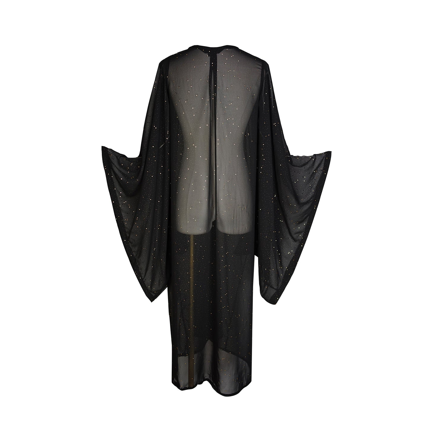 jennafer grace Nebula kimono semi-sheer black chiffon with night sky inspired rhinestones coverup wrap dress with pockets duster jacket robe dark boho boho gothic bohemian hippie whimsical romantic beach poolside resort cabana lounge wear unisex handmade in California USA