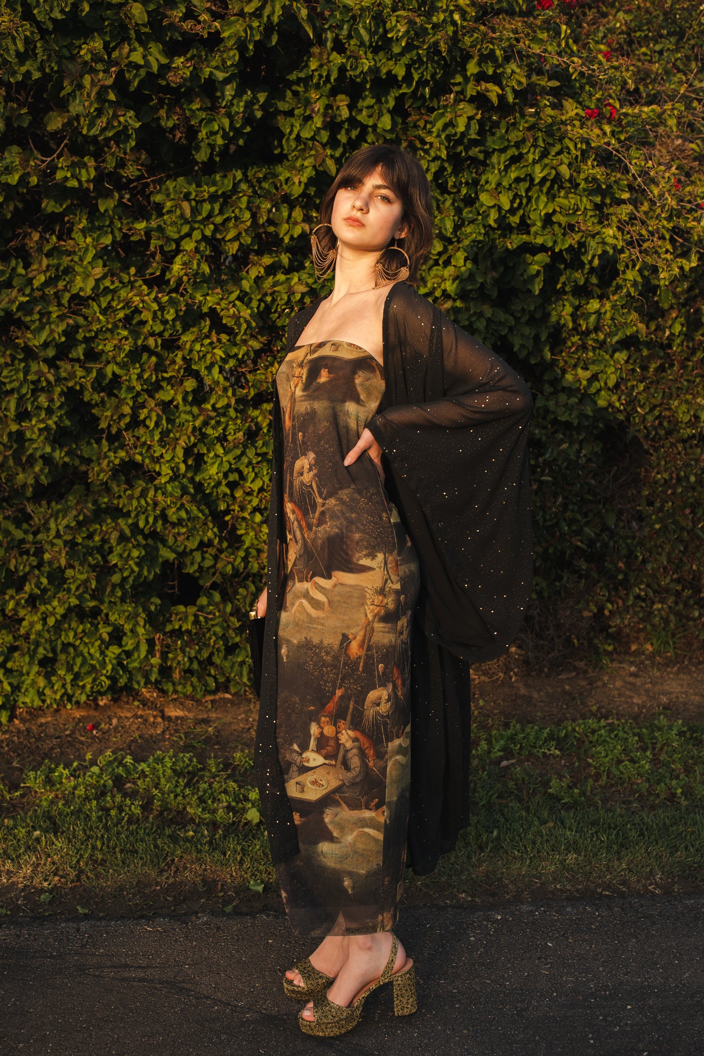 jennafer grace Nebula kimono semi-sheer black chiffon with night sky inspired rhinestones coverup wrap dress with pockets duster jacket robe dark boho boho gothic bohemian hippie whimsical romantic beach poolside resort cabana lounge wear unisex handmade in California USA