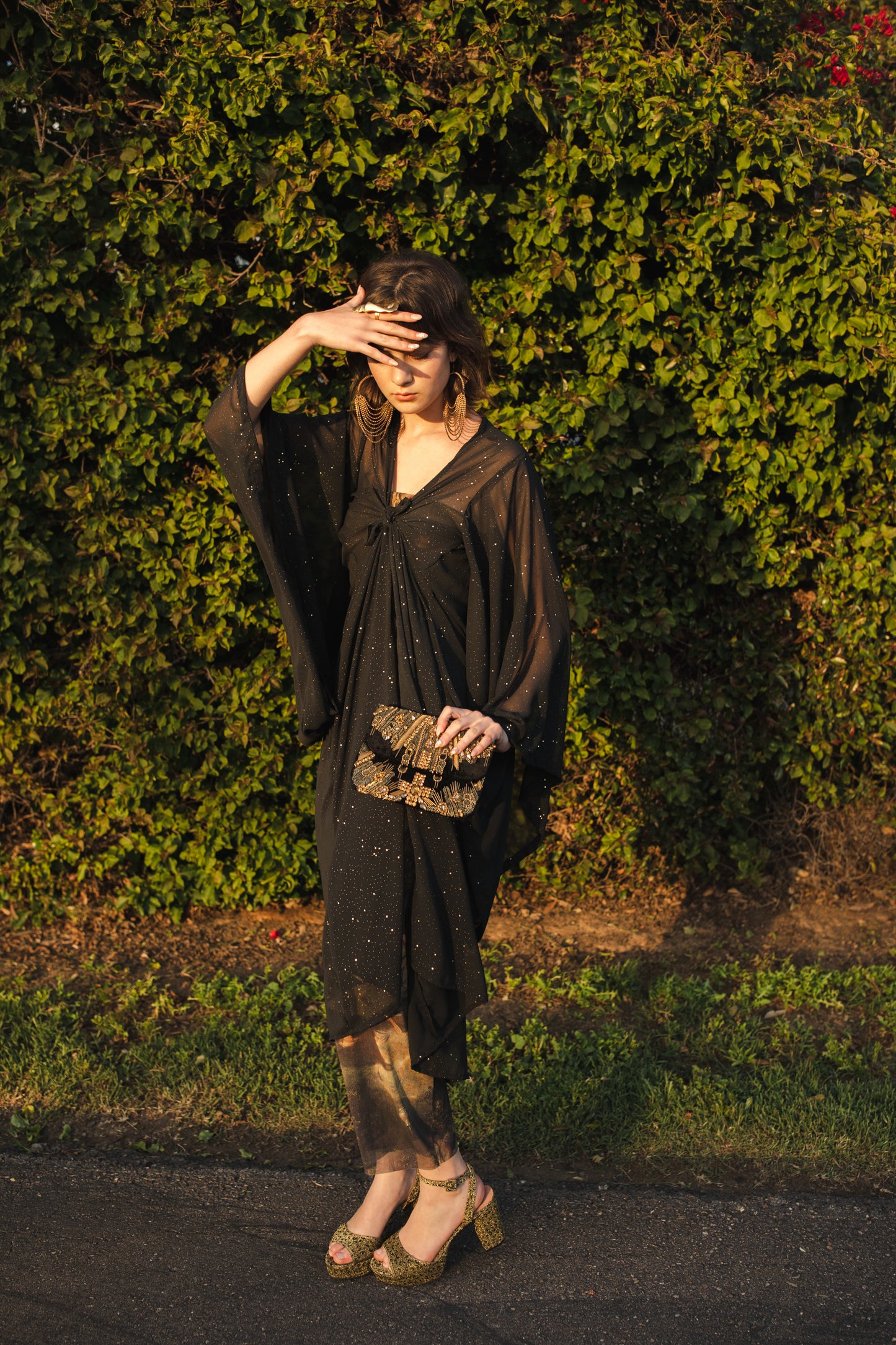 jennafer grace Nebula kimono semi-sheer black chiffon with night sky inspired rhinestones coverup wrap dress with pockets duster jacket robe dark boho boho gothic bohemian hippie whimsical romantic beach poolside resort cabana lounge wear unisex handmade in California USA