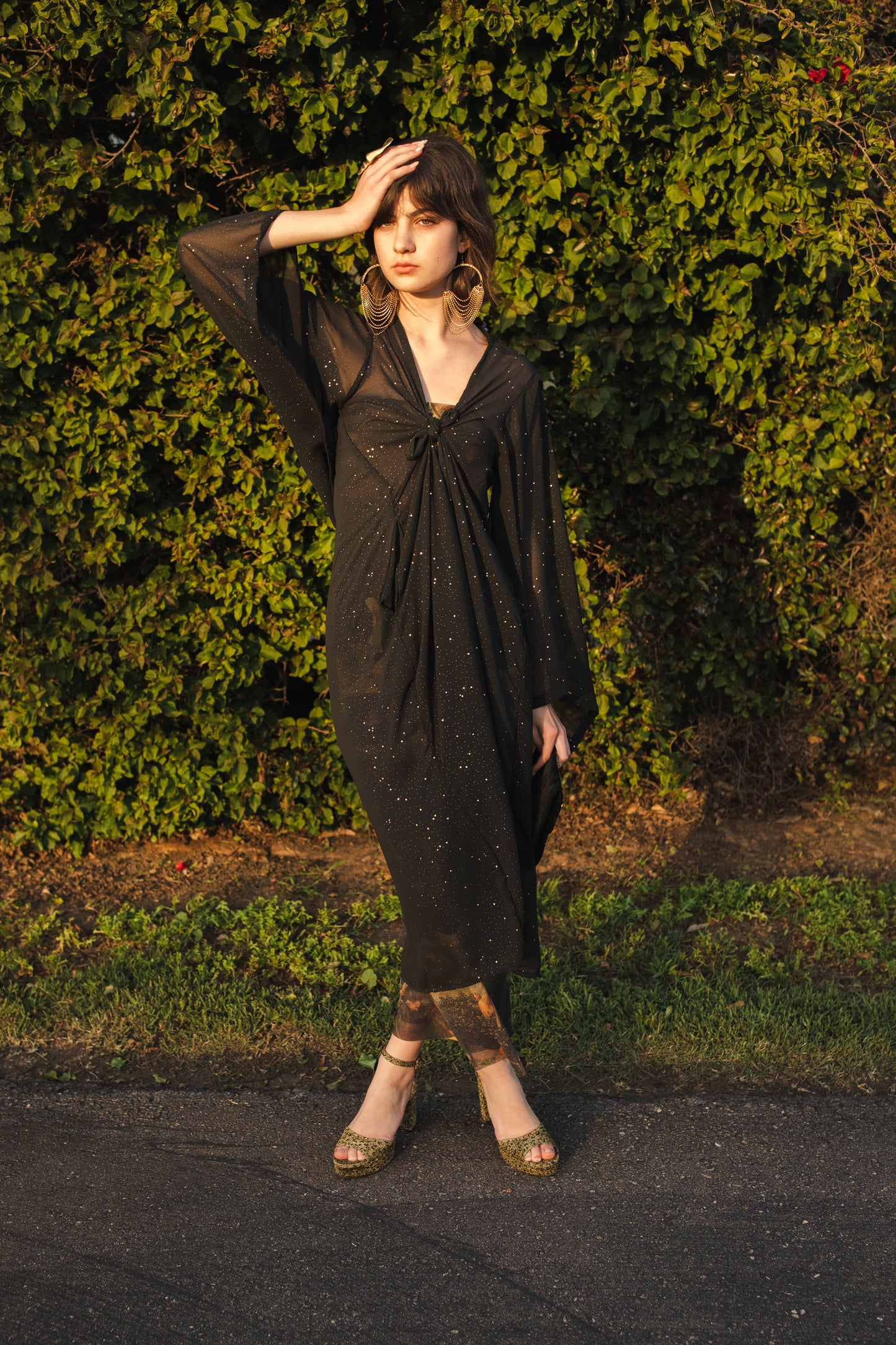 jennafer grace Nebula kimono semi-sheer black chiffon with night sky inspired rhinestones coverup wrap dress with pockets duster jacket robe dark boho boho gothic bohemian hippie whimsical romantic beach poolside resort cabana lounge wear unisex handmade in California USA