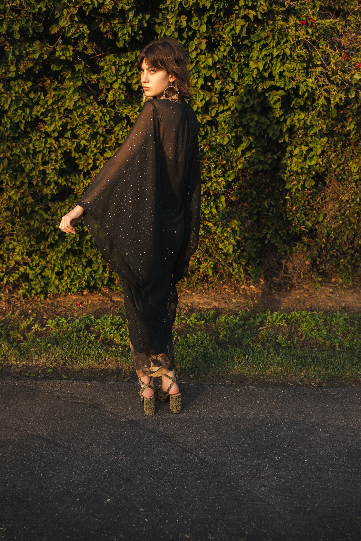 jennafer grace Nebula kimono semi-sheer black chiffon with night sky inspired rhinestones coverup wrap dress with pockets duster jacket robe dark boho boho gothic bohemian hippie whimsical romantic beach poolside resort cabana lounge wear unisex handmade in California USA