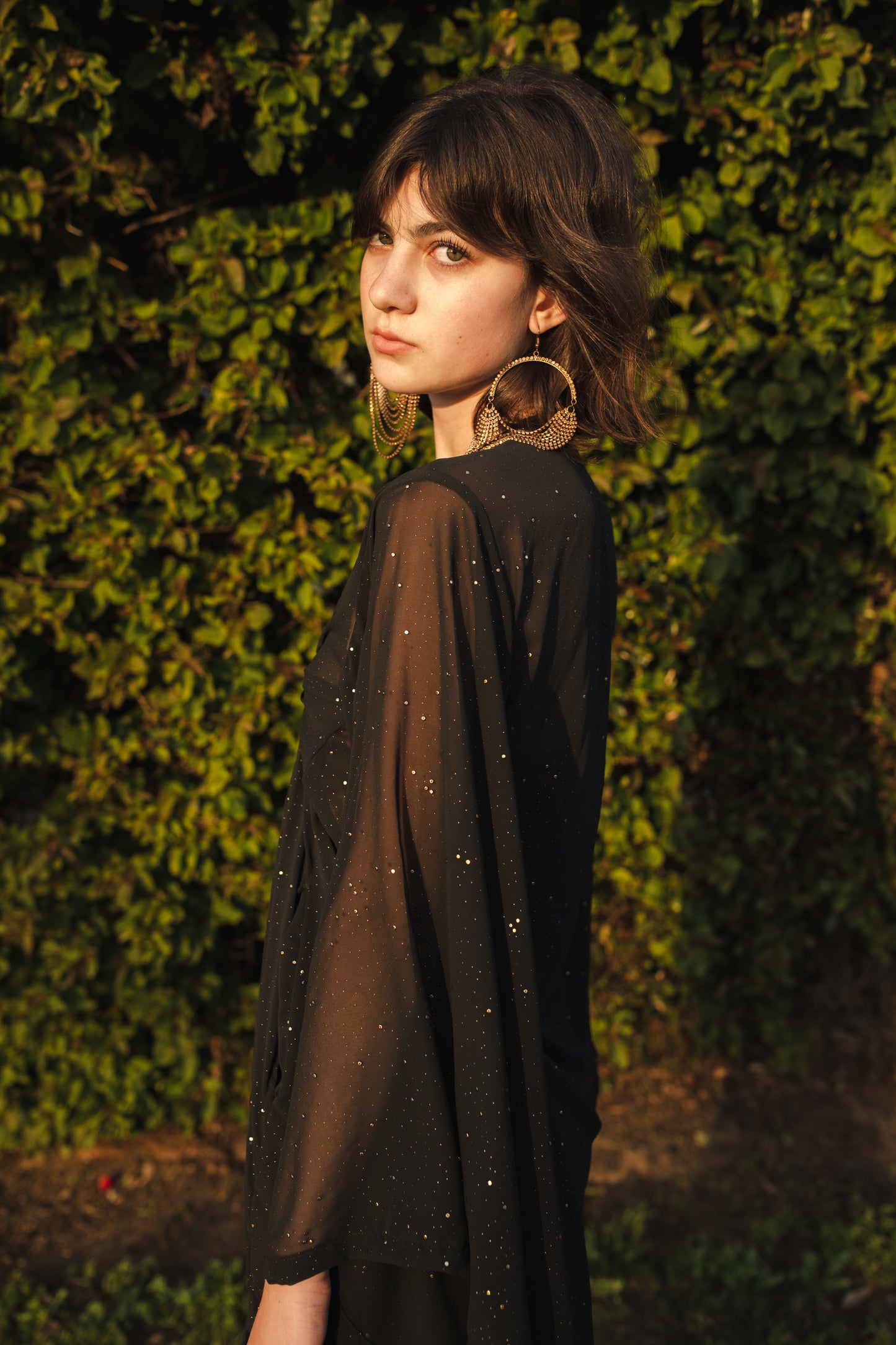 jennafer grace Nebula kimono semi-sheer black chiffon with night sky inspired rhinestones coverup wrap dress with pockets duster jacket robe dark boho boho gothic bohemian hippie whimsical romantic beach poolside resort cabana lounge wear unisex handmade in California USA