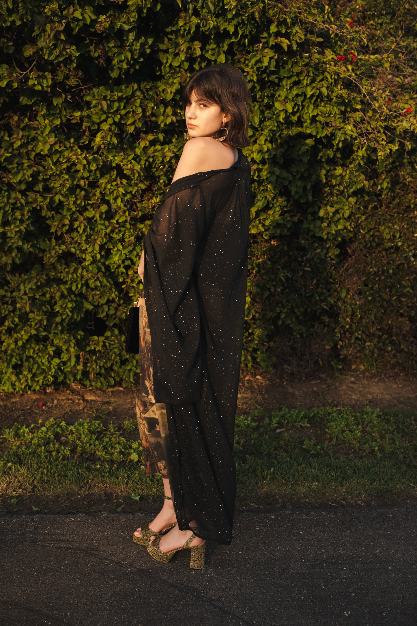 jennafer grace Nebula kimono semi-sheer black chiffon with night sky inspired rhinestones coverup wrap dress with pockets duster jacket robe dark boho boho gothic bohemian hippie whimsical romantic beach poolside resort cabana lounge wear unisex handmade in California USA