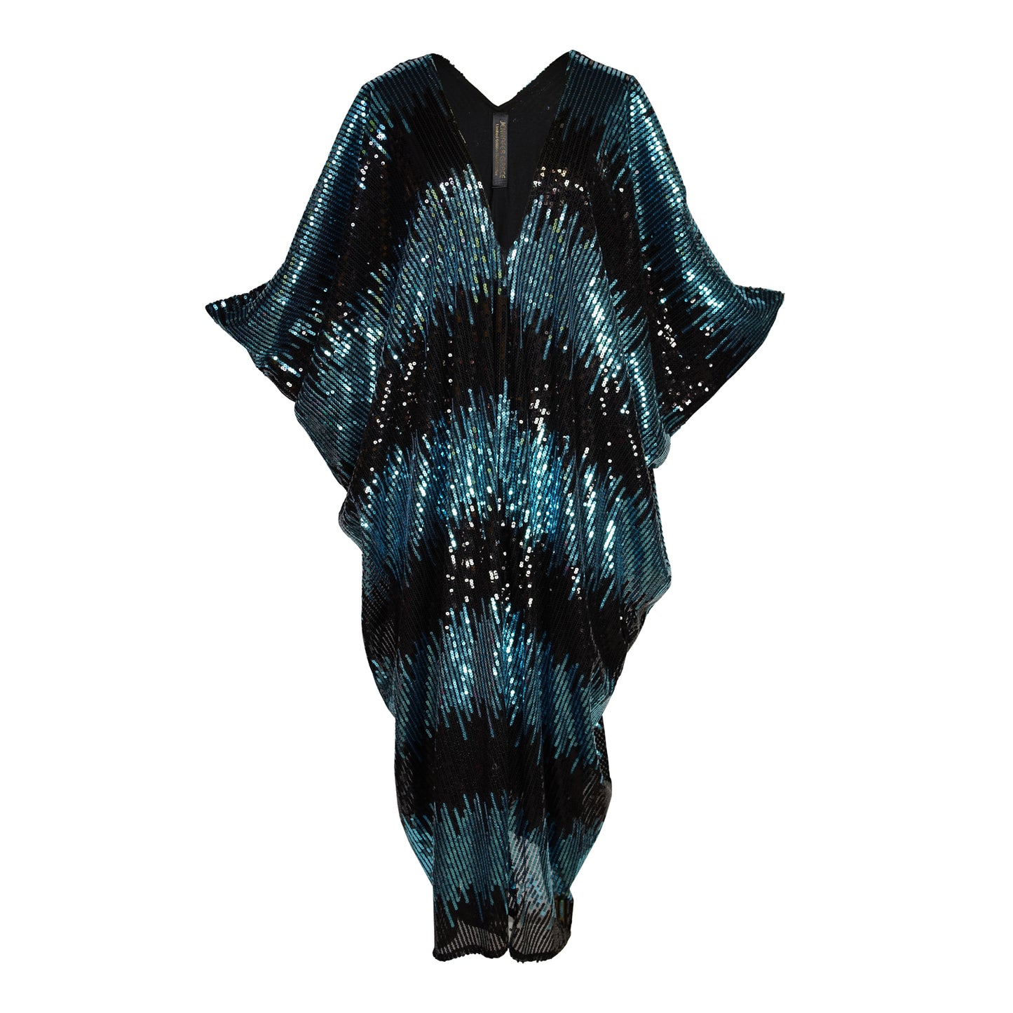 This Jennafer Grace caftan features and interchanging cerulean ocean blue and black sequins fabric with deep v-neckline, batwing sleeves, and ankle length hem. It is lined with a cotton jersey fabric for comfort.