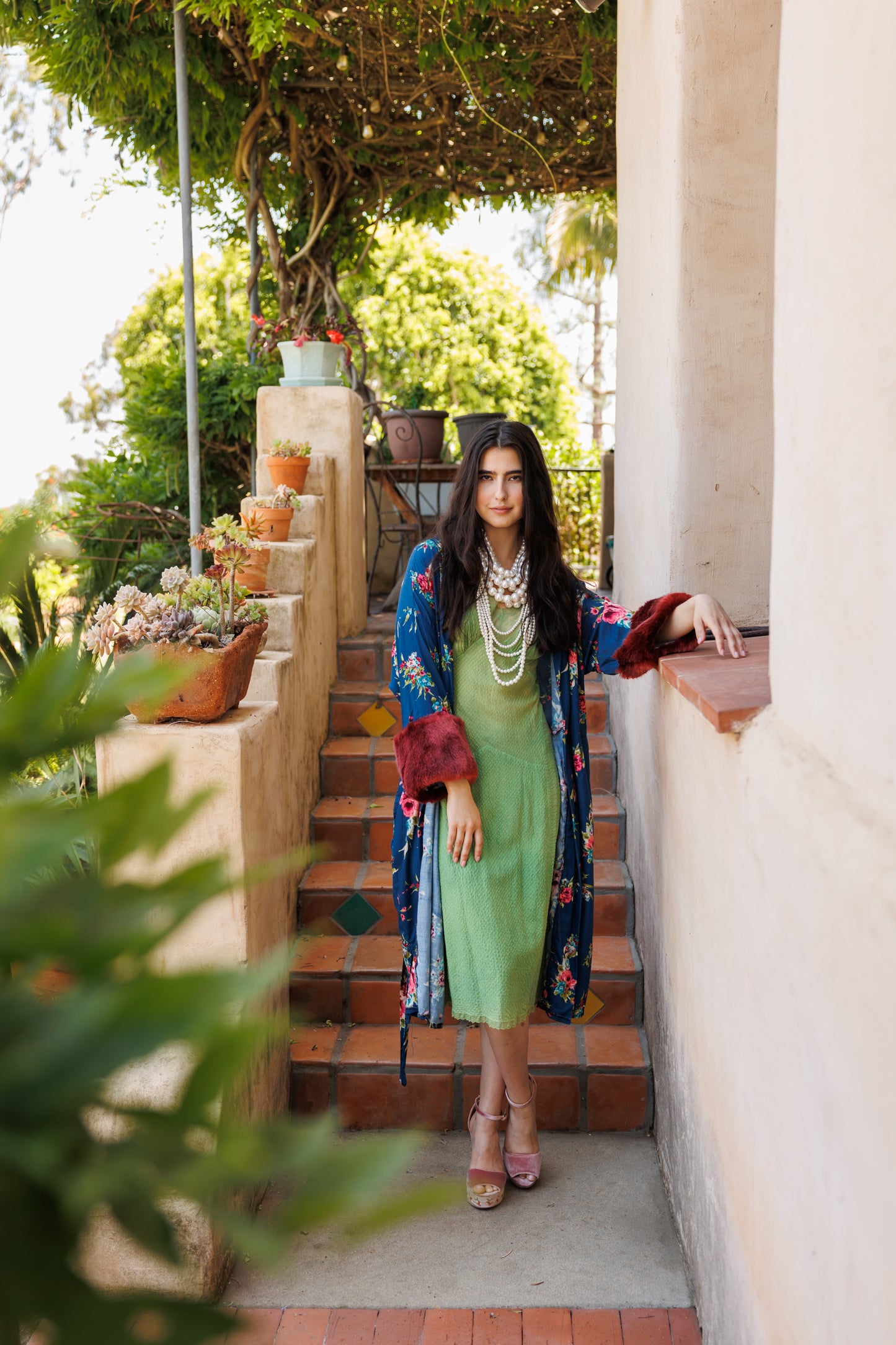jennafer grace Norma Faux Fur Koi Kimono blue floral with dark red burgundy wine faux fur cuffs light jacket robe boho bohemian hippie romantic whimsical unisex handmade in California USA