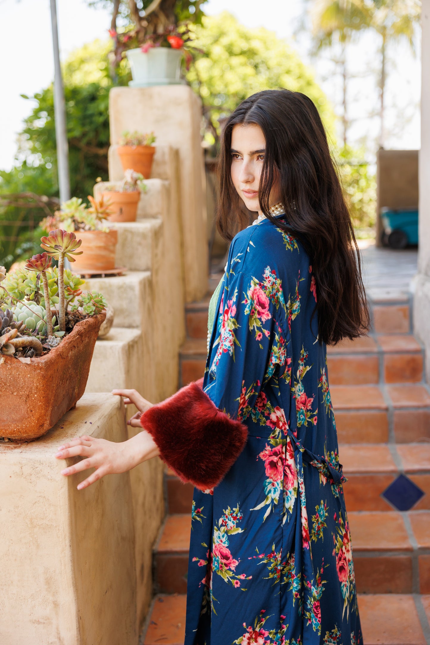 jennafer grace Norma Faux Fur Koi Kimono blue floral with dark red burgundy wine faux fur cuffs light jacket robe boho bohemian hippie romantic whimsical unisex handmade in California USA