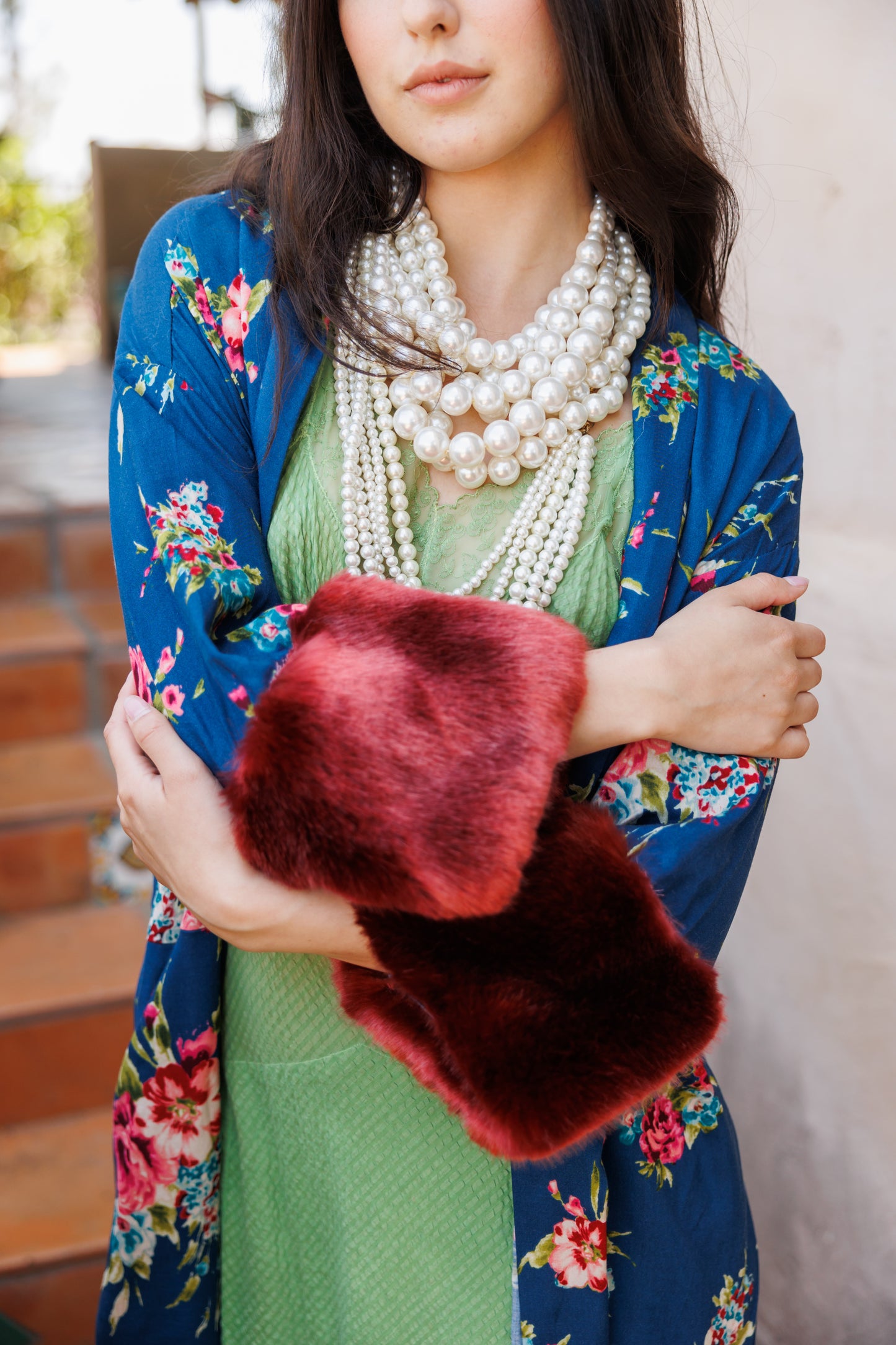 jennafer grace Norma Faux Fur Koi Kimono blue floral with dark red burgundy wine faux fur cuffs light jacket robe boho bohemian hippie romantic whimsical unisex handmade in California USA