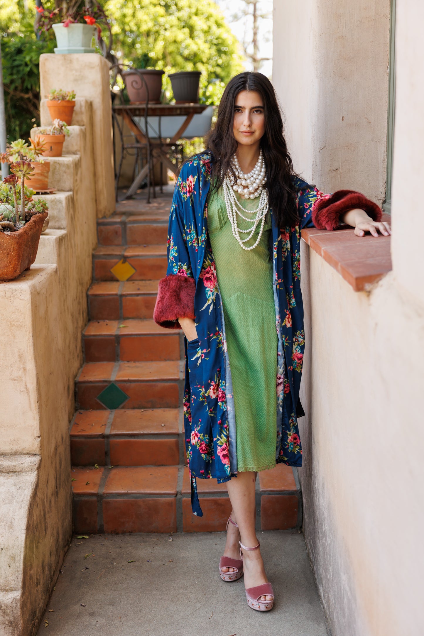 jennafer grace Norma Faux Fur Koi Kimono blue floral with dark red burgundy wine faux fur cuffs light jacket robe boho bohemian hippie romantic whimsical unisex handmade in California USA