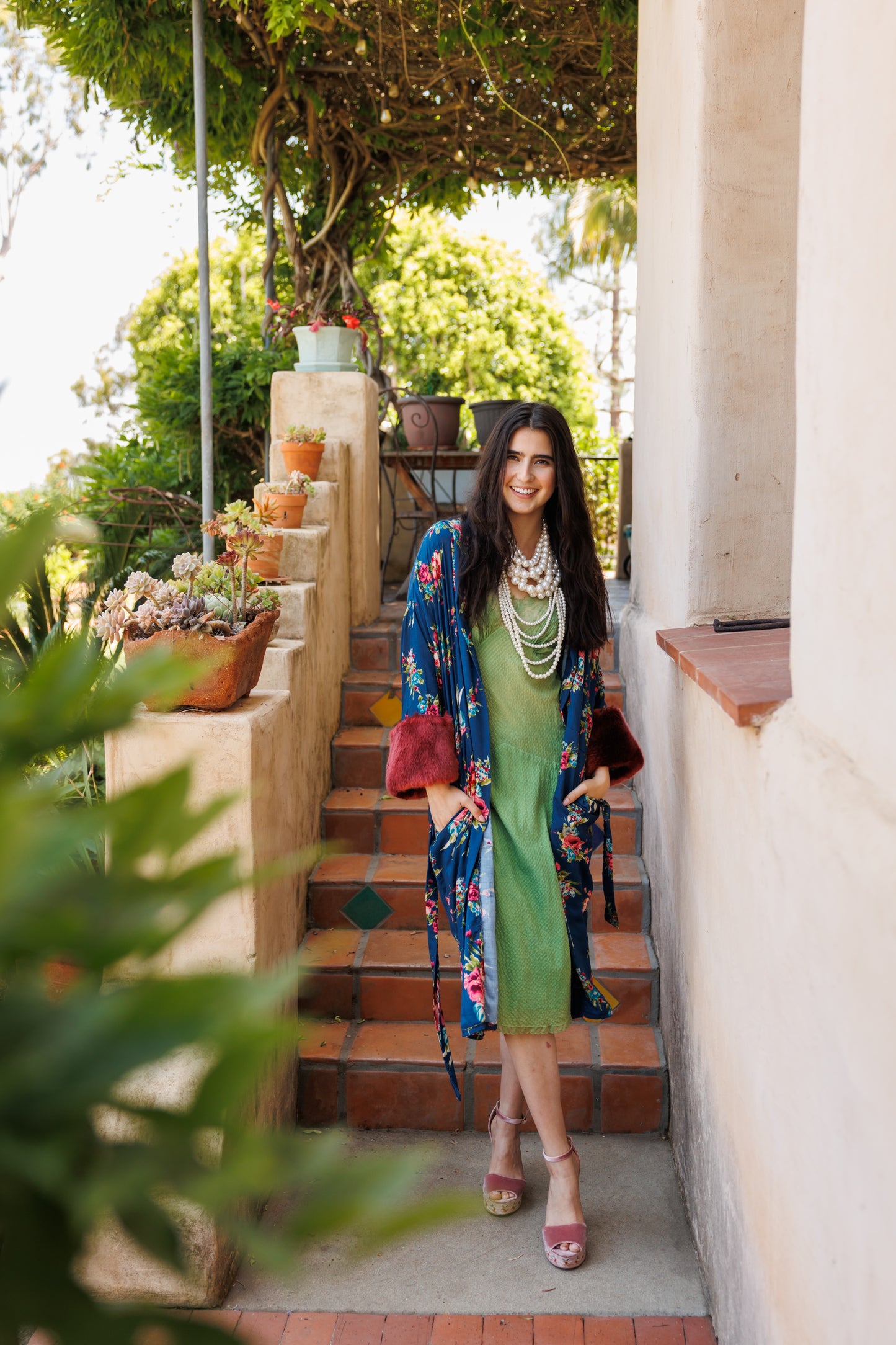 jennafer grace Norma Faux Fur Koi Kimono blue floral with dark red burgundy wine faux fur cuffs light jacket robe boho bohemian hippie romantic whimsical unisex handmade in California USA