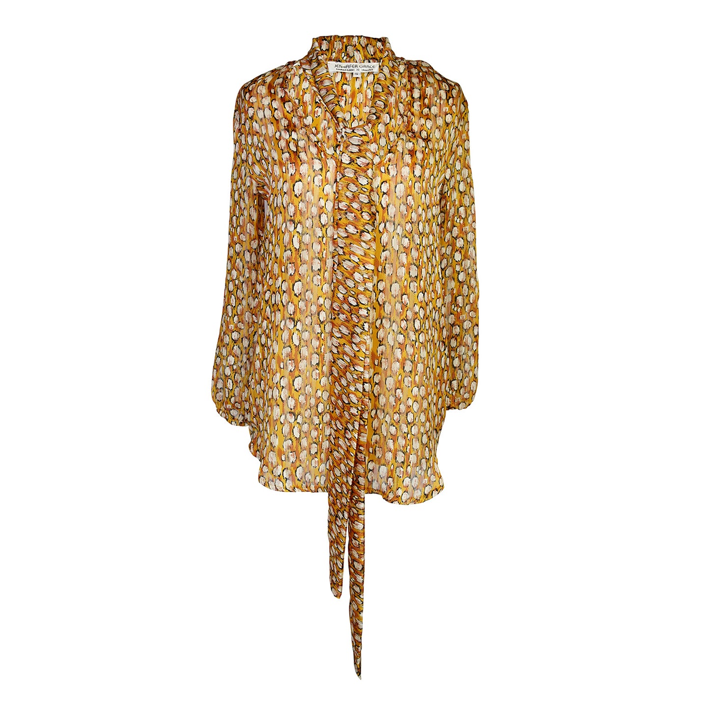 This limited edition glam rock inspired blouse is perfect from desk to dinner. Featuring a versatile bow front and ultrasoft and semi-sheer metallic-infused ocelot print inspired chiffon.