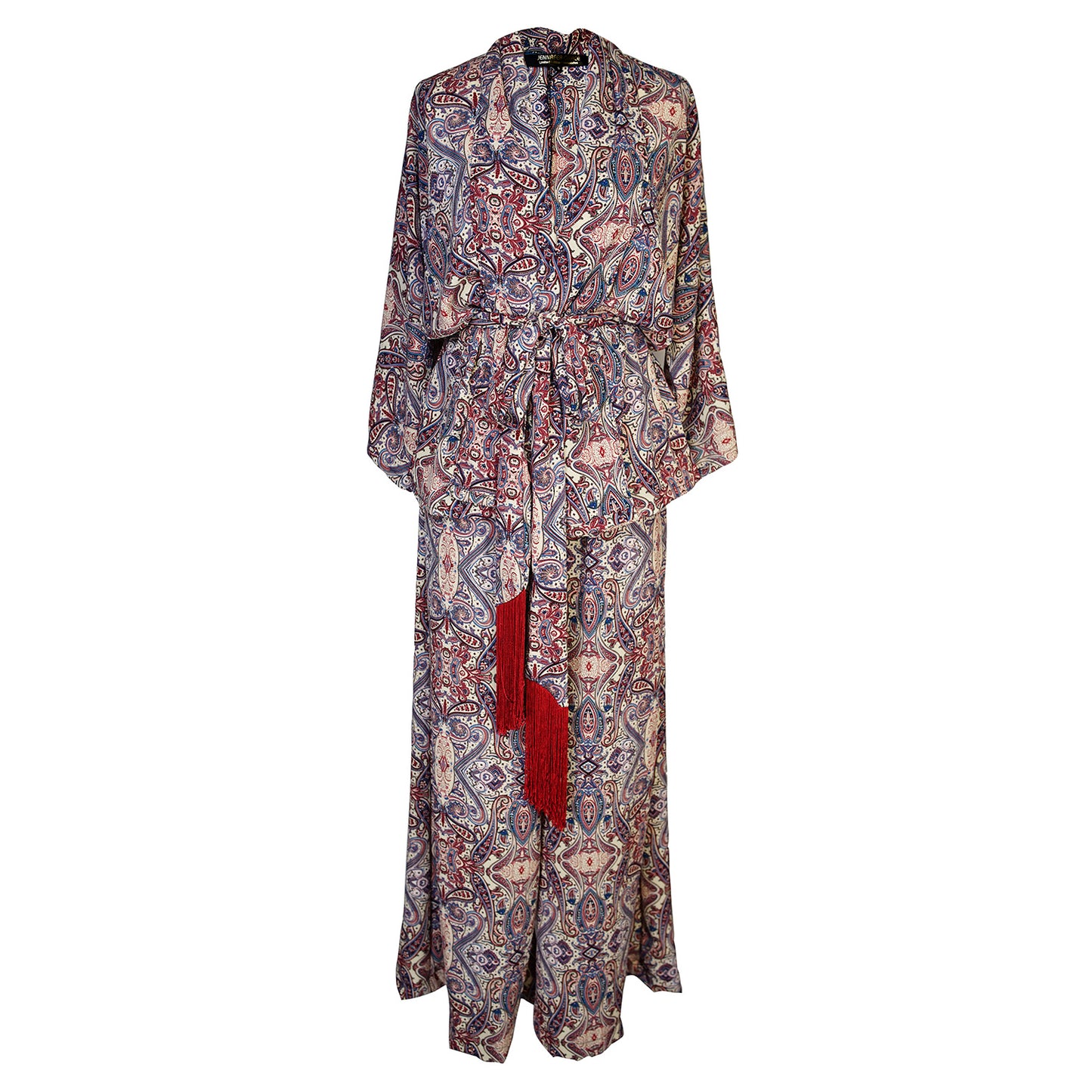 jennafer grace Olympia Paisley dolman palazzo set silky beige georgette with red blue paisley print matching co-ord coord set wrap blouse top with tasseled belt and palazzo pant with pockets and elastic waist boho bohemian hippie romantic whimsical glamorous pajamas pjs glam lounge wear handmade in california usa